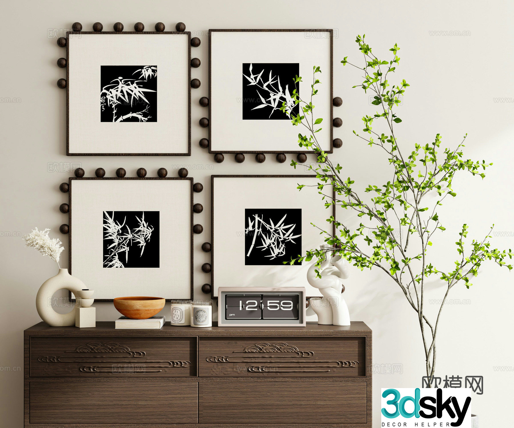 Middle-aged style combination painting black and white hanging painting bamboo hanging painting 3D model