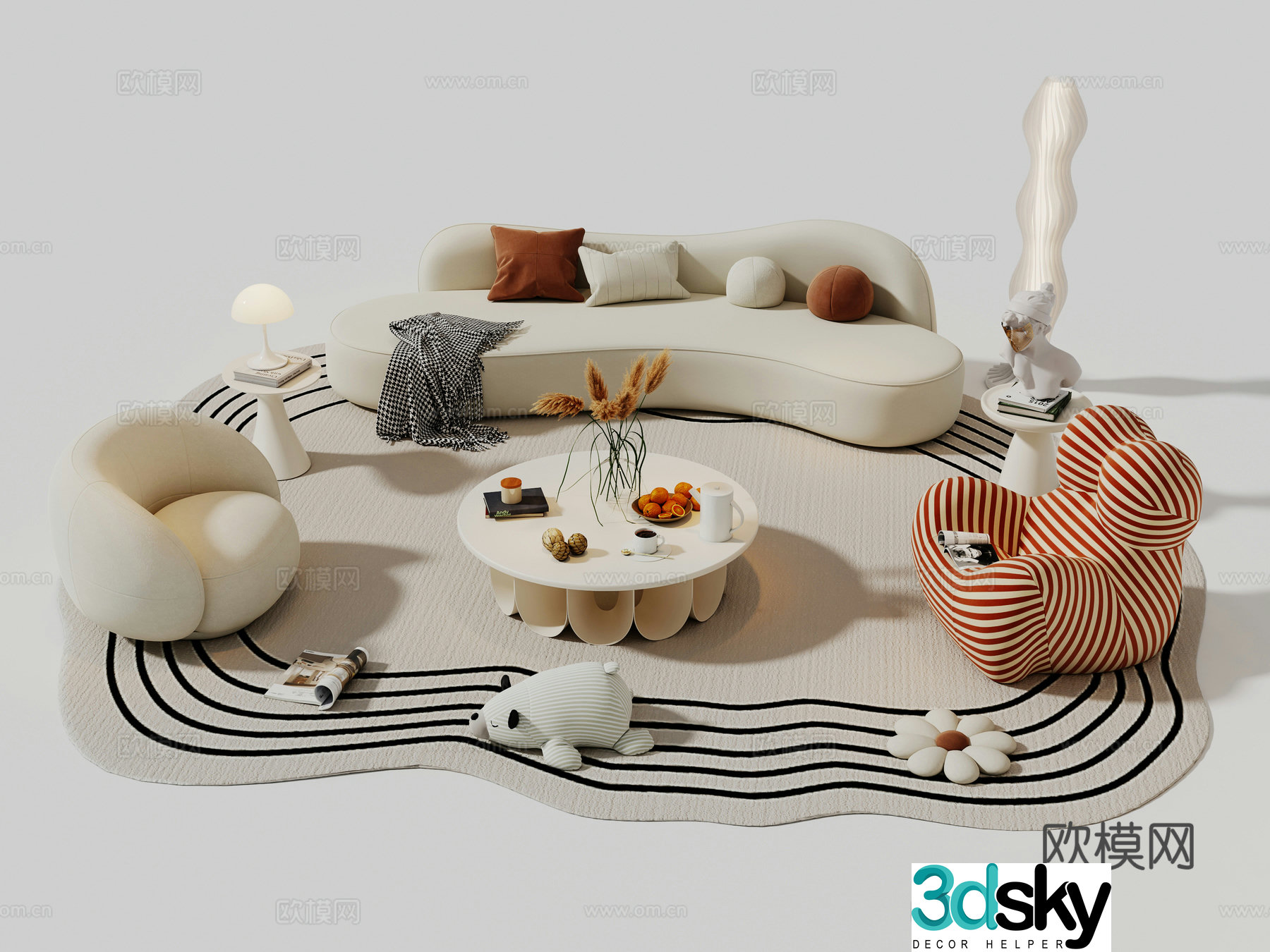 Creamy sofa coffee table combination sofa 3D model