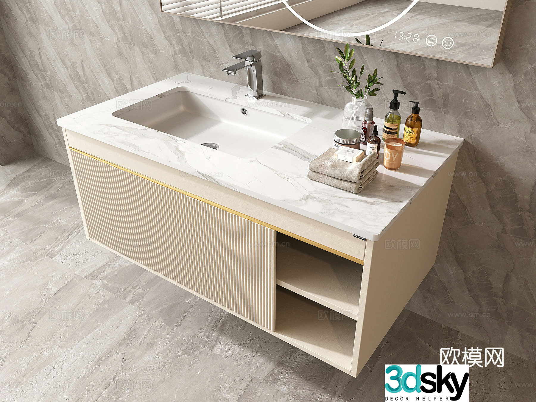Cream Bathroom Cabinet Cabinet Cabinet Washing Wash Basin 3D Model