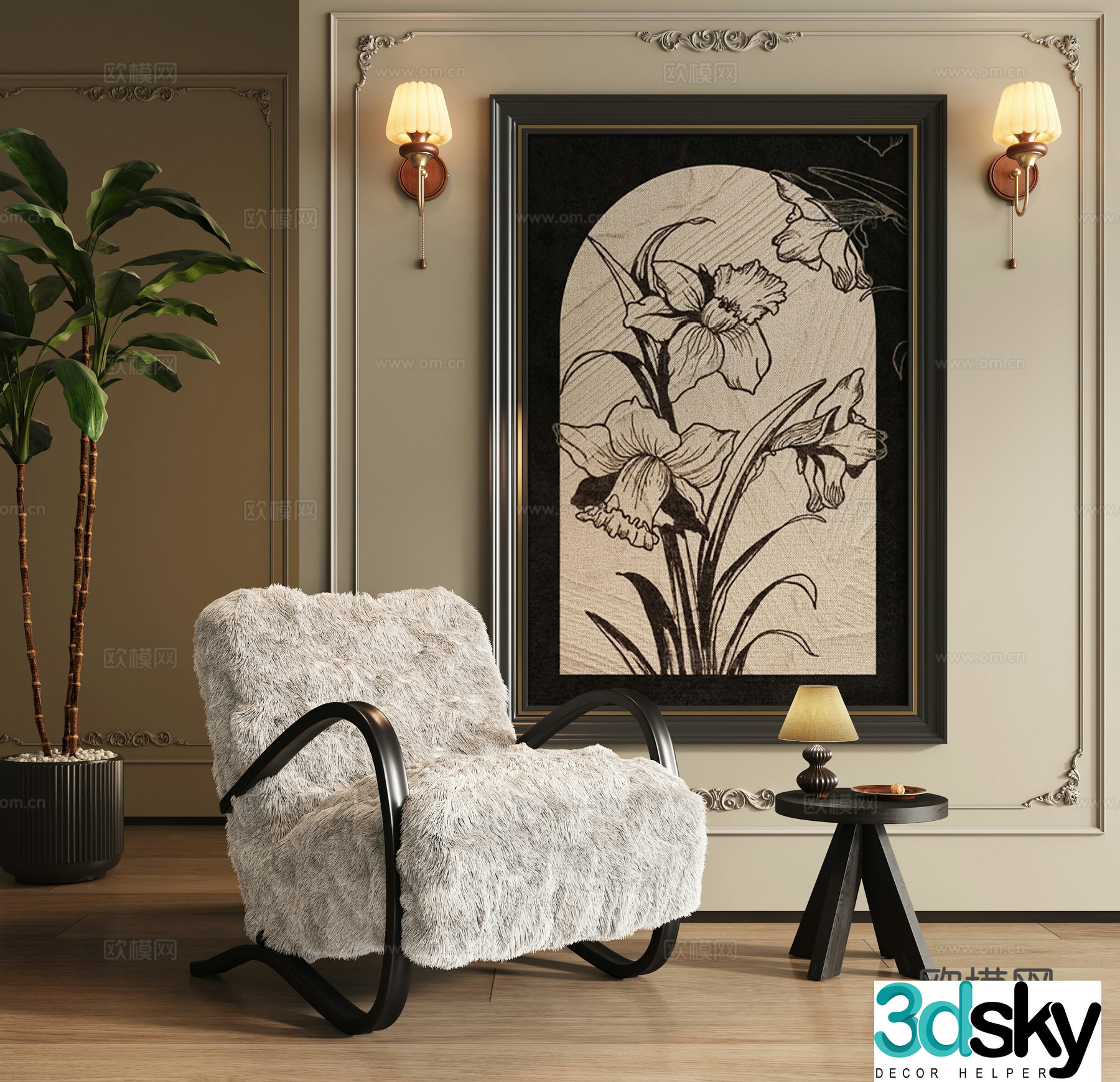 French casual chair plush armchair 3D model