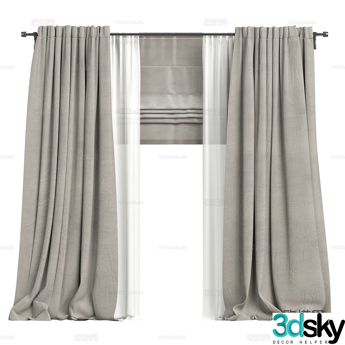 New Chinese style curtains Roller curtains Curtain rod 3D model