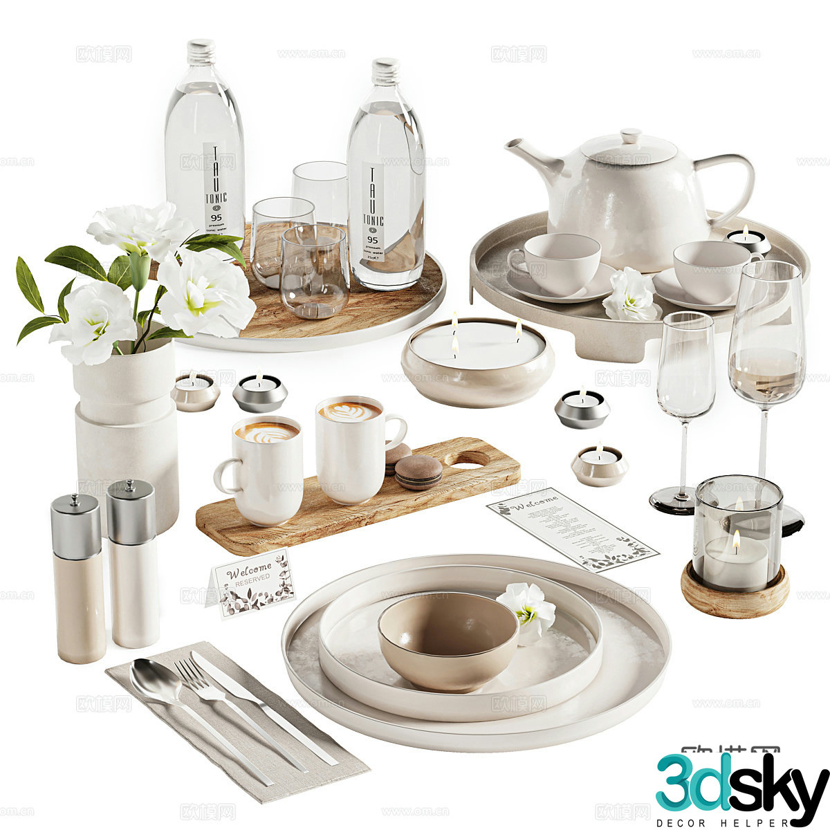 Creamy style tea set teapot tea tray tea cup 3d model