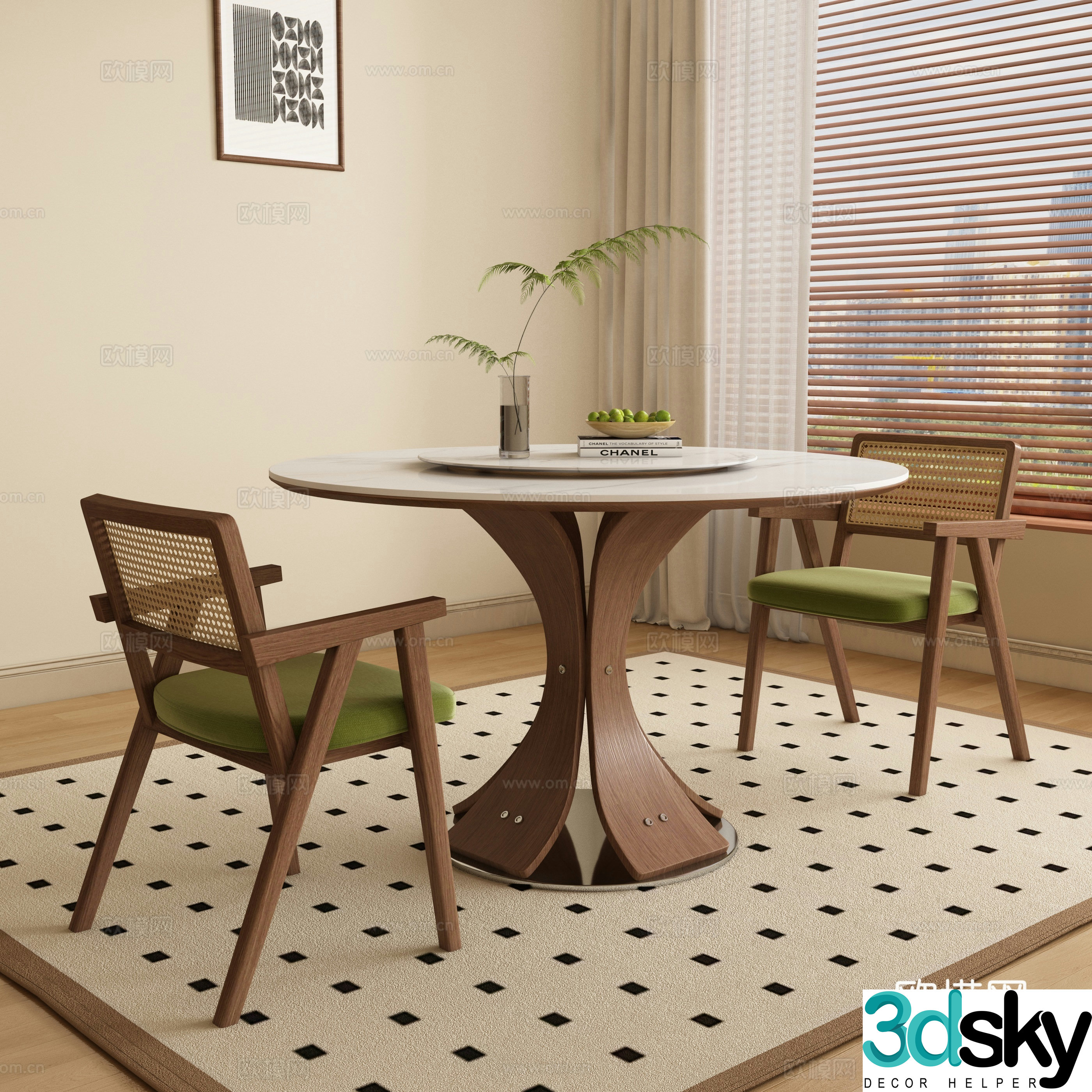Medium style dining table and chairs round dining table 3D model
