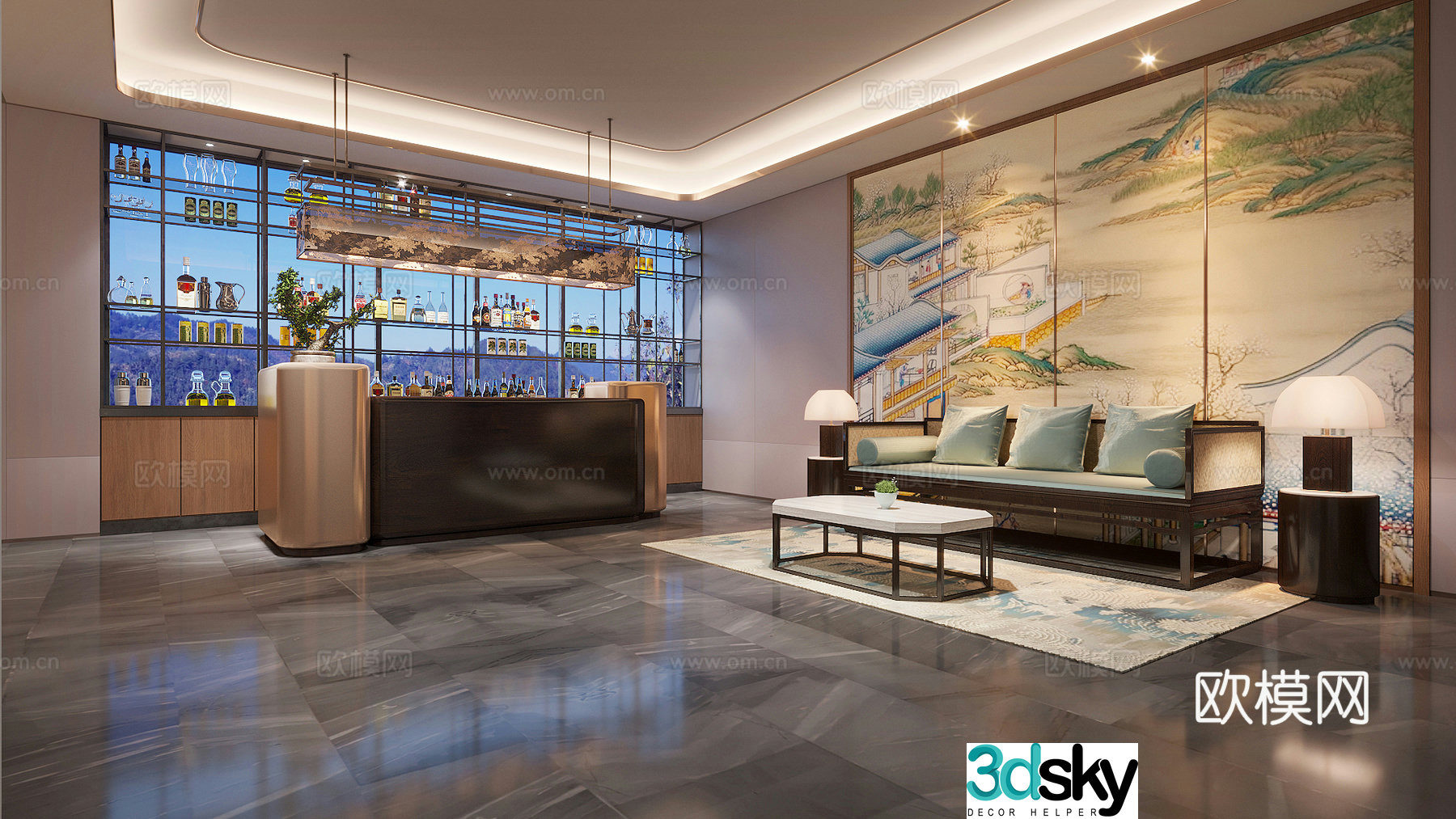 New Chinese-style hotel bar area leisure area 3D model