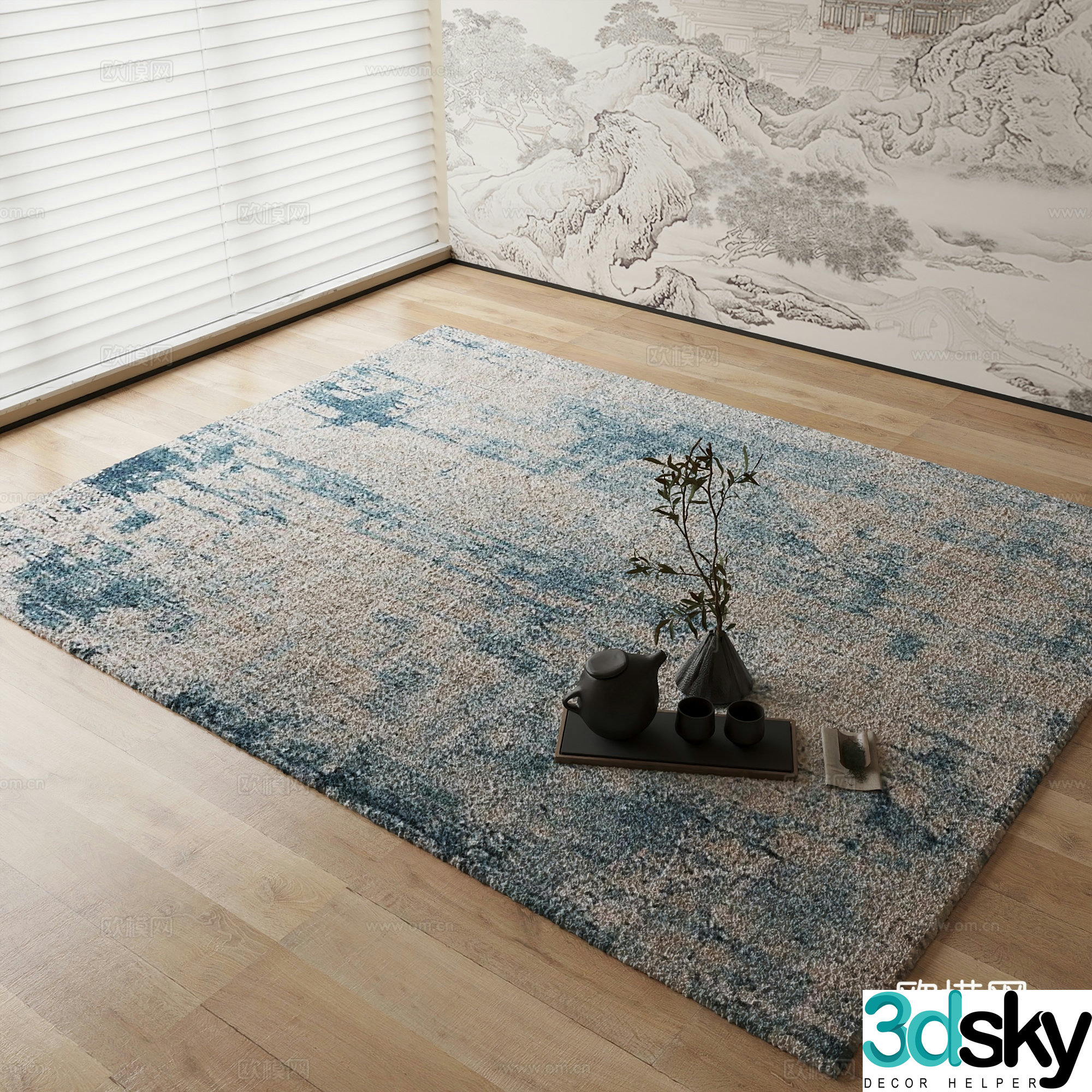 New Chinese style carpet Gradient blue carpet 3d model
