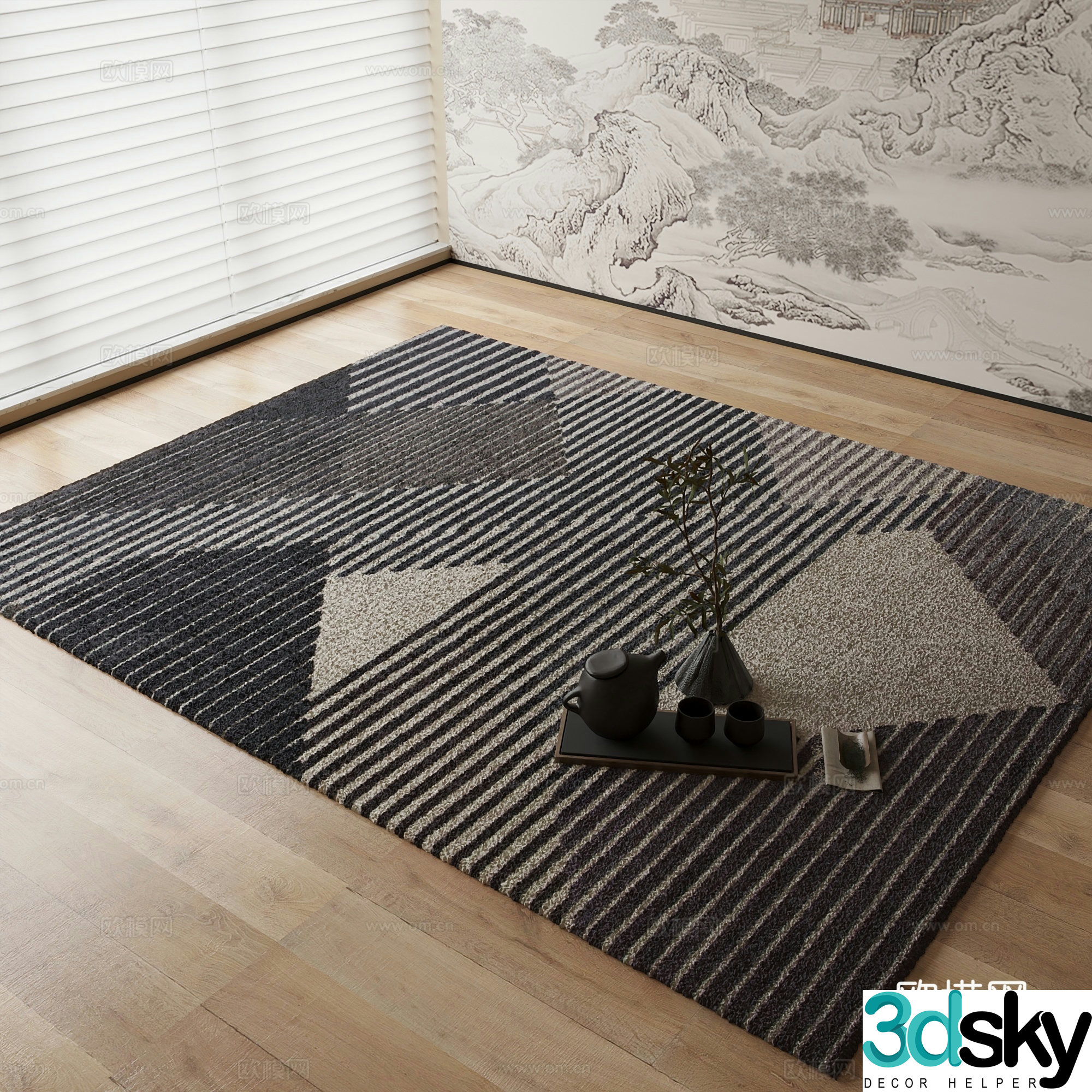 New Chinese style carpet Black and white striped carpet 3d model