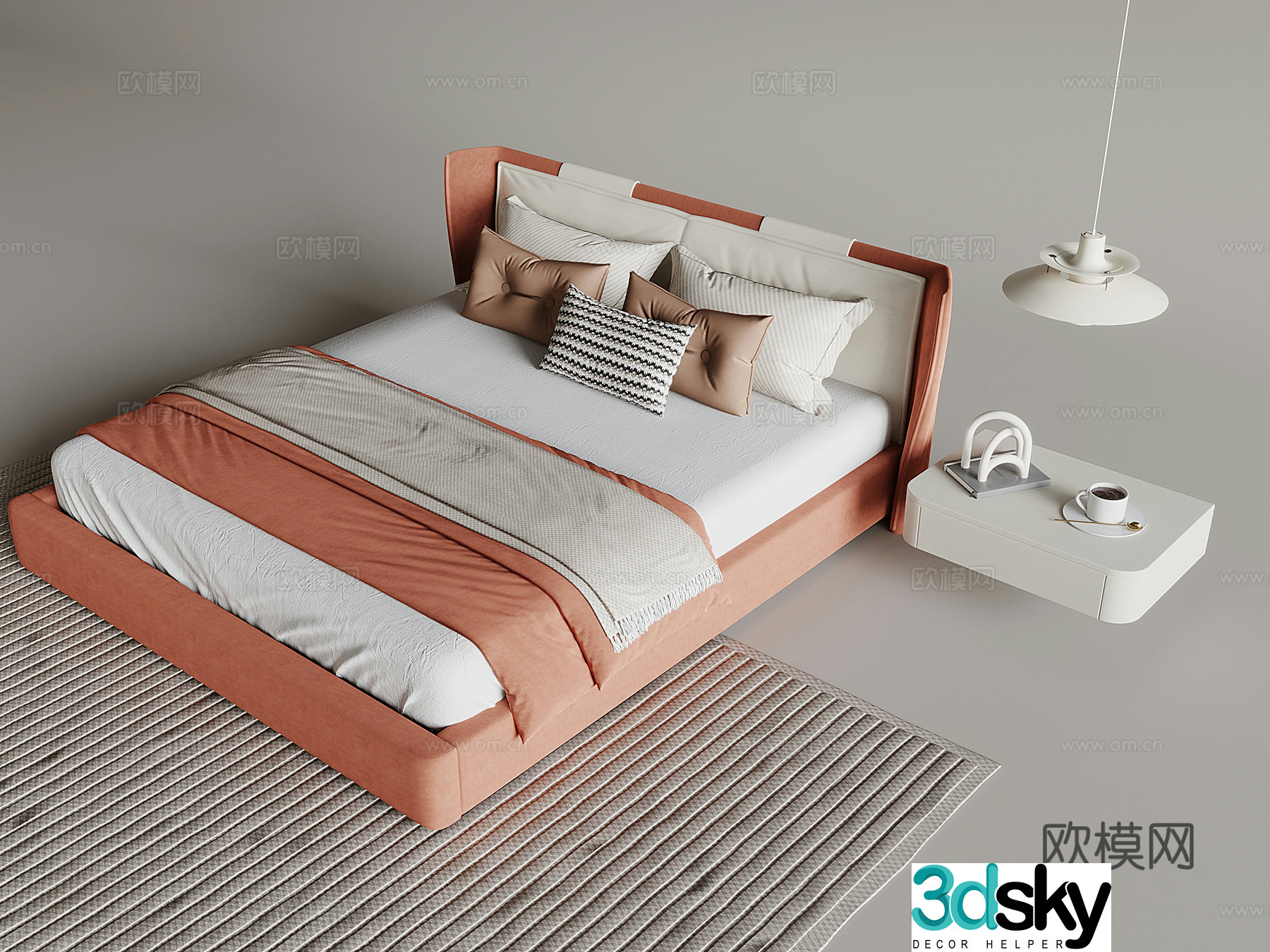 Cream style double bed floating bedside table 3d model