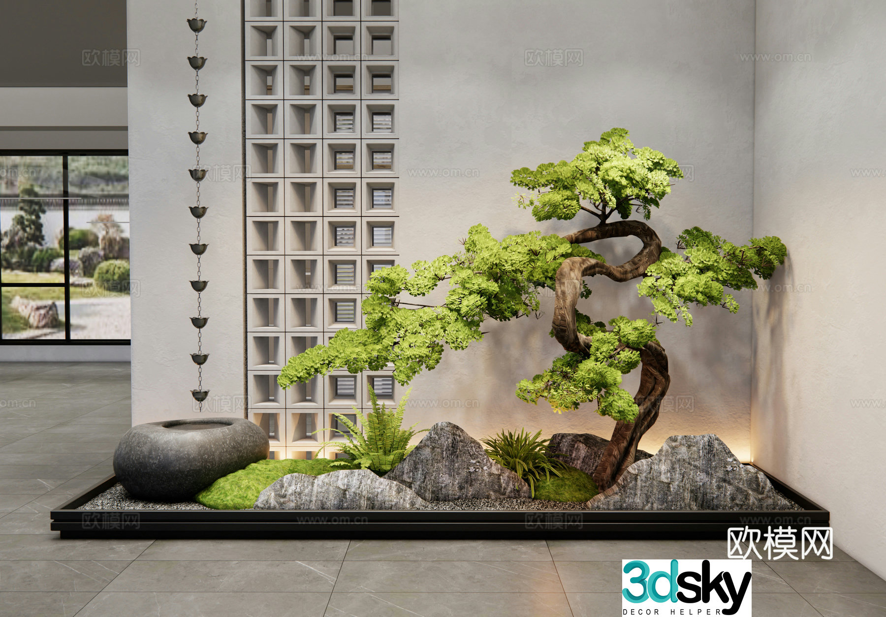New Chinese-style plant pile landscaping pine trees Shoushan stone 3D model