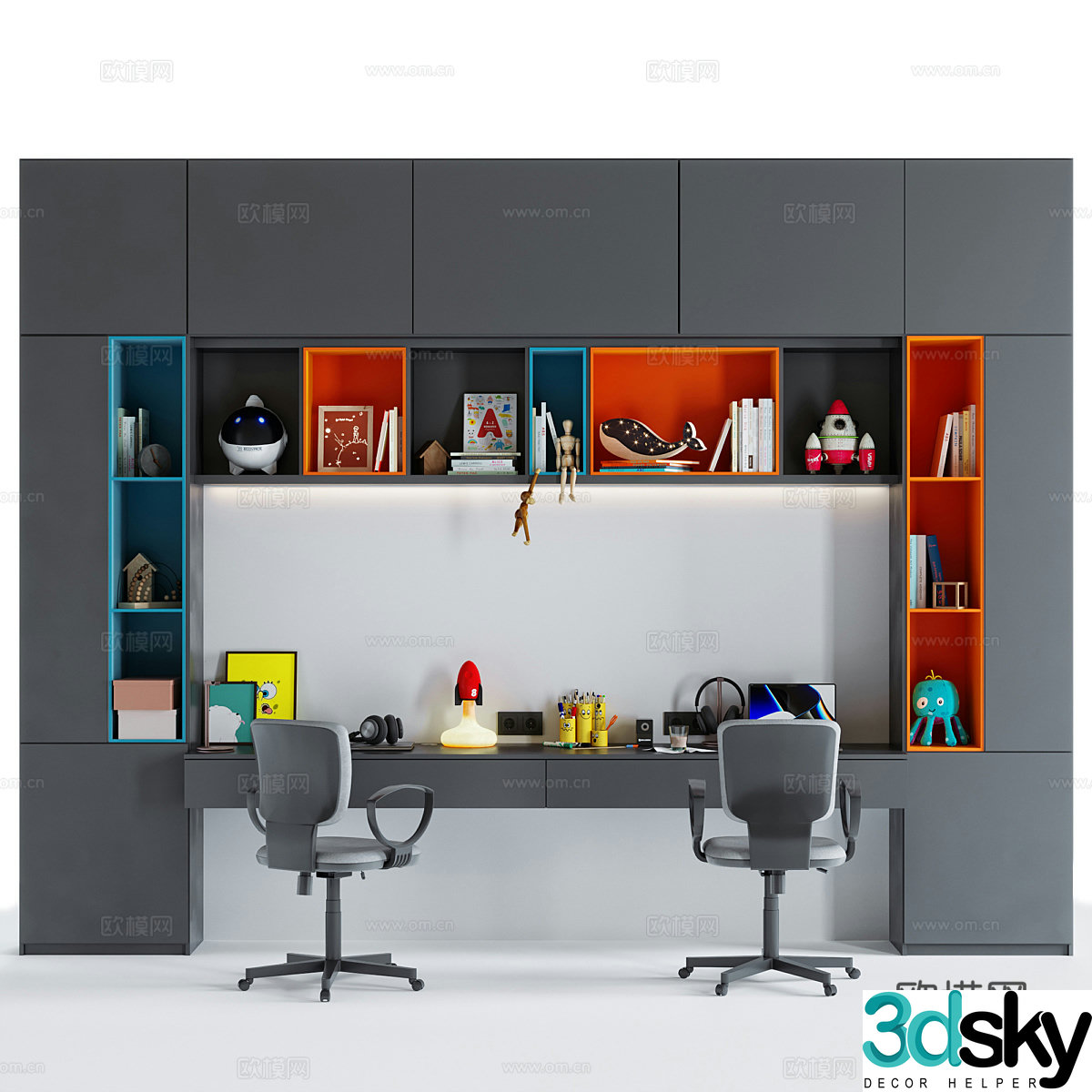 Modern children’s bookcase double desk full wall cabinet 3D model