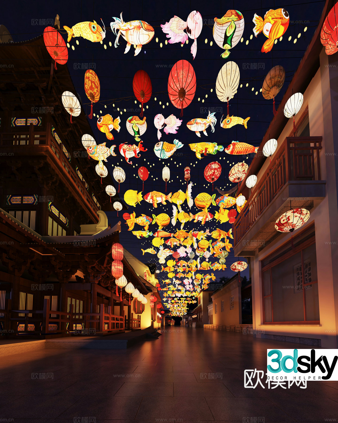 Chinese style national trend commercial street fish lantern lantern fish lantern carp lantern night market 3d model