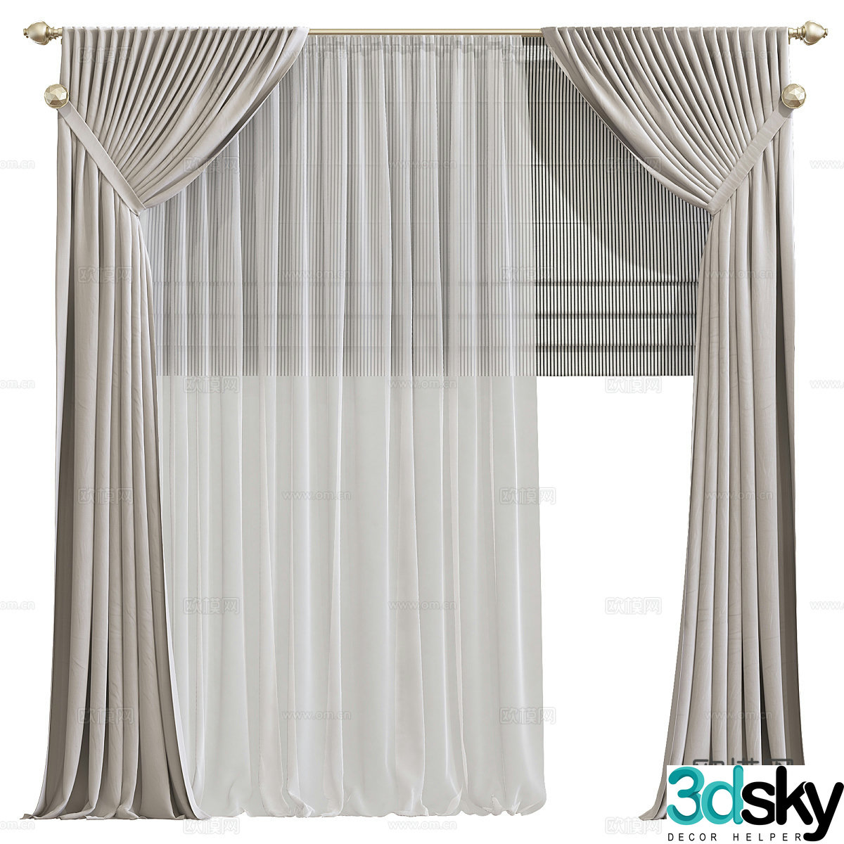 New Chinese style fabric curtain gauze curtain high strap curtain 3D model