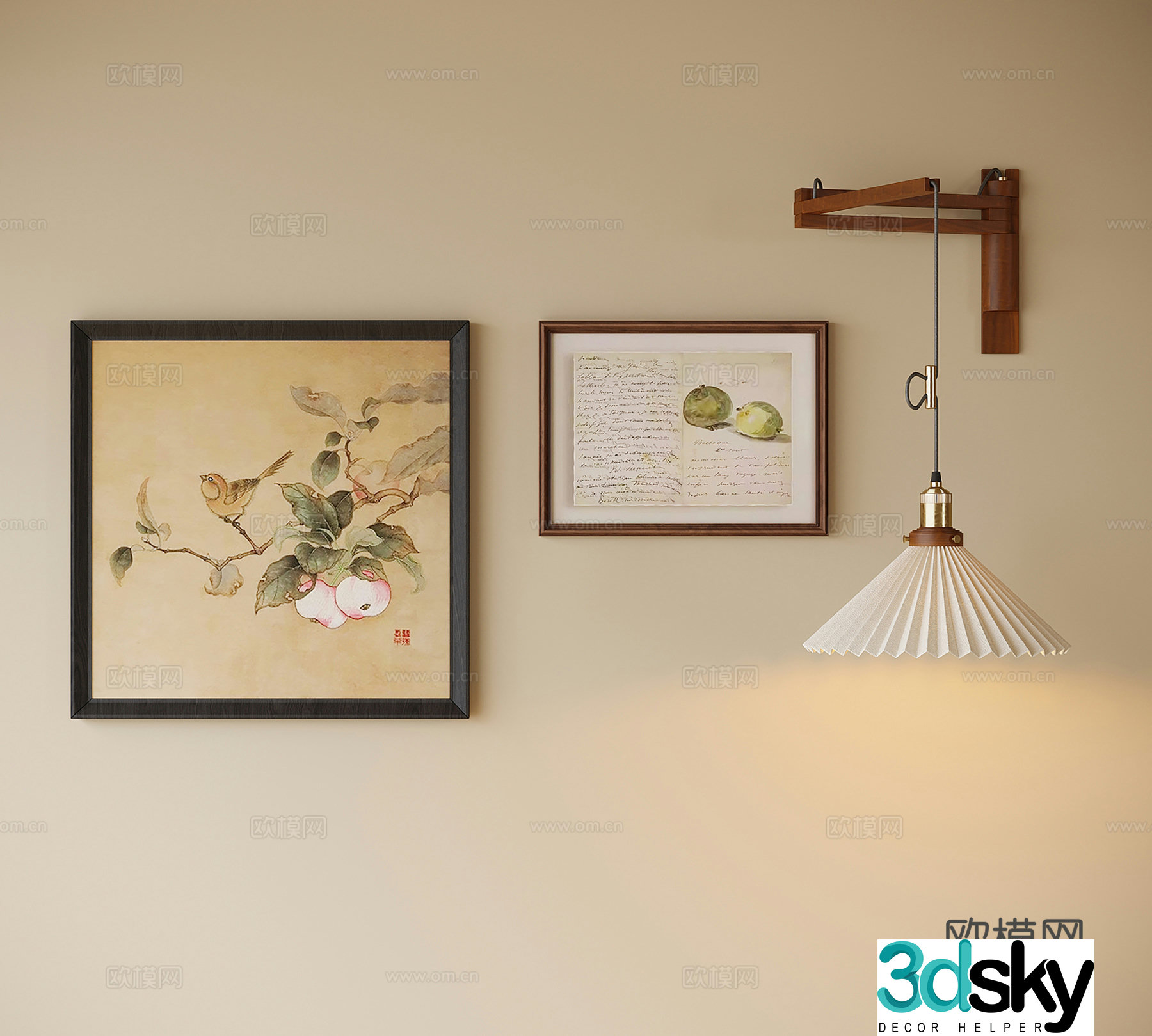 Middle-aged wall lamp decorative painting flower and bird painting 3d model