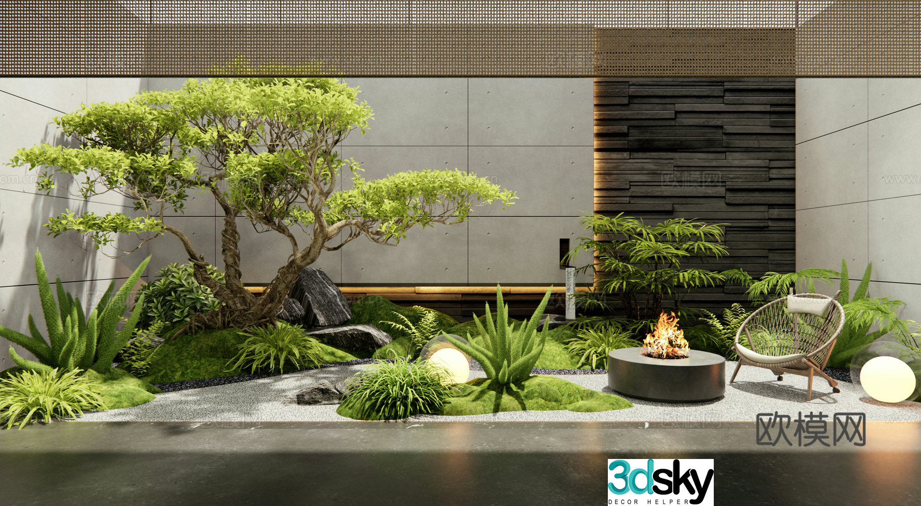 Modern sunken courtyard landscape patio courtyard 3d model