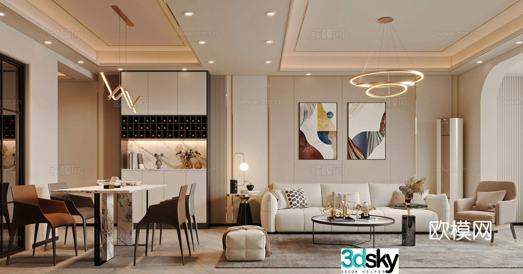 Modern living and dining room 3d model