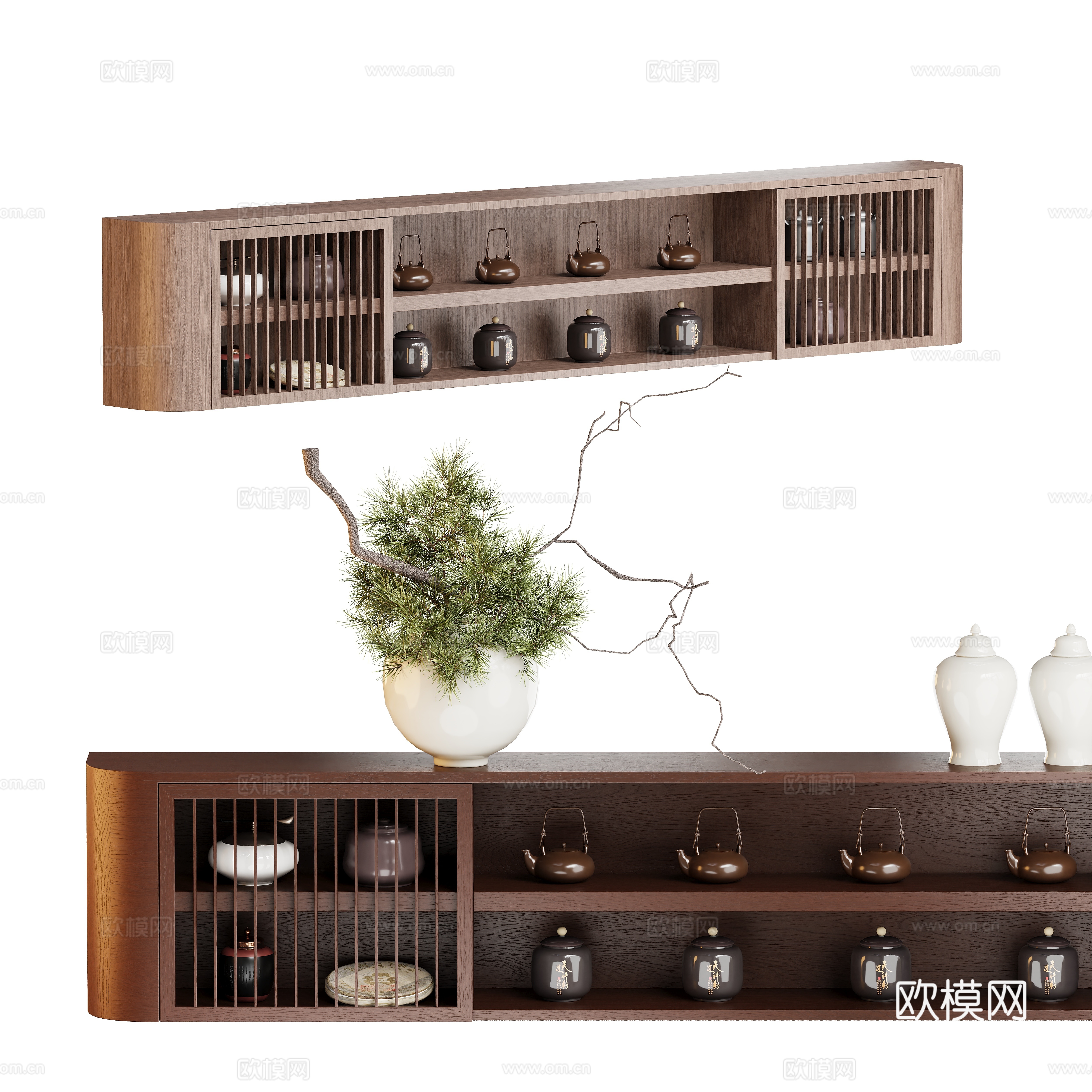 New Chinese style tea set cabinet floor cabinet hanging cabinet 3D model
