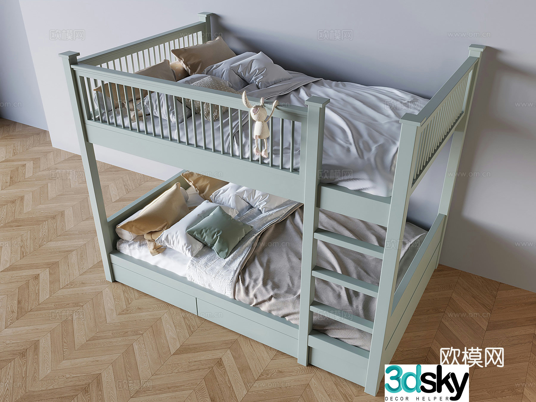 Cream style bunk bed children’s high and low bunk bed 3d model