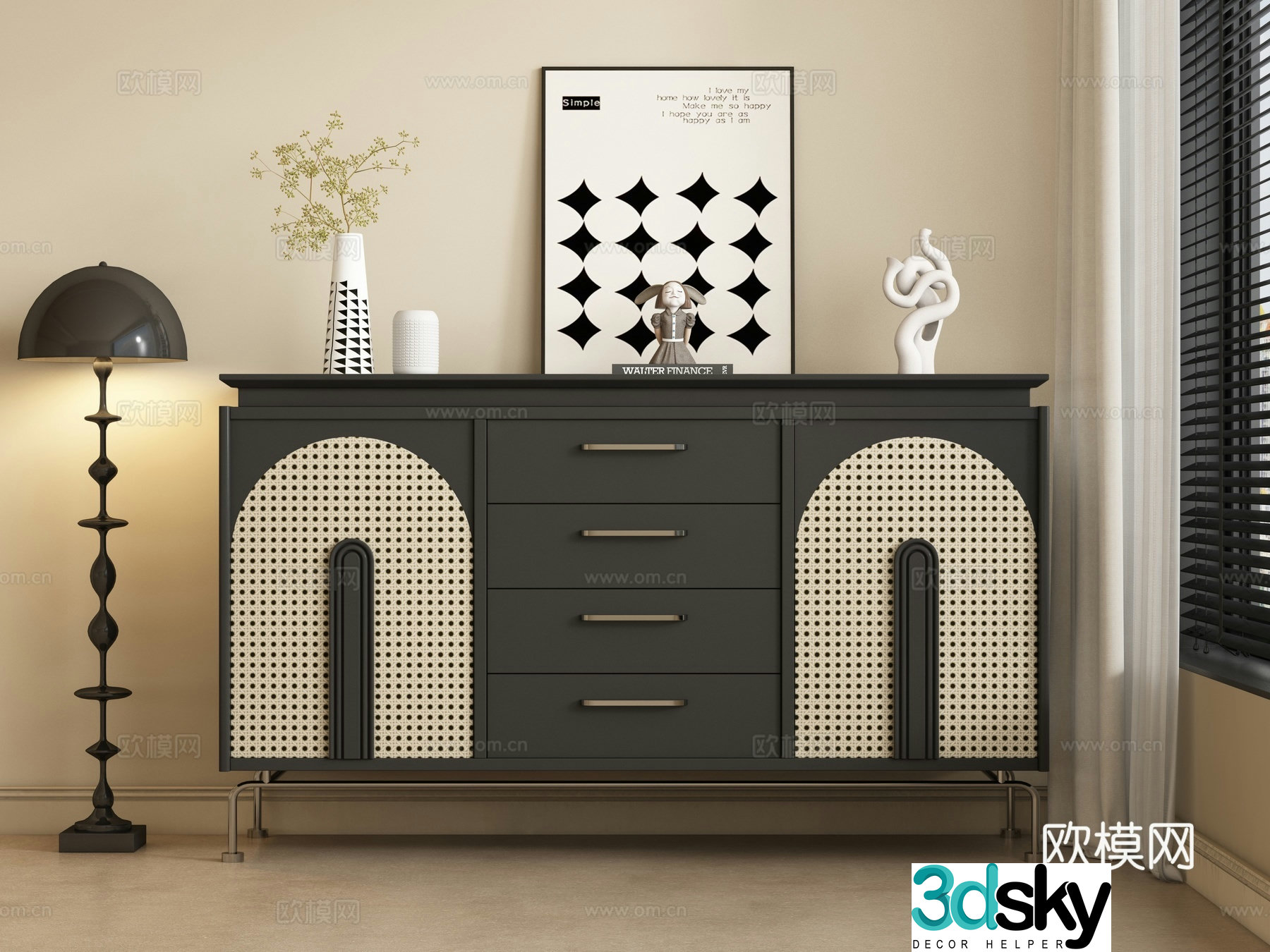 3D model of medieval style rattan sideboard