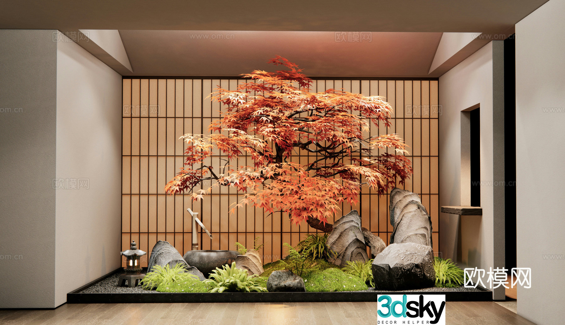 Japanese indoor plant landscaping courtyard red maple plant pile 3d model