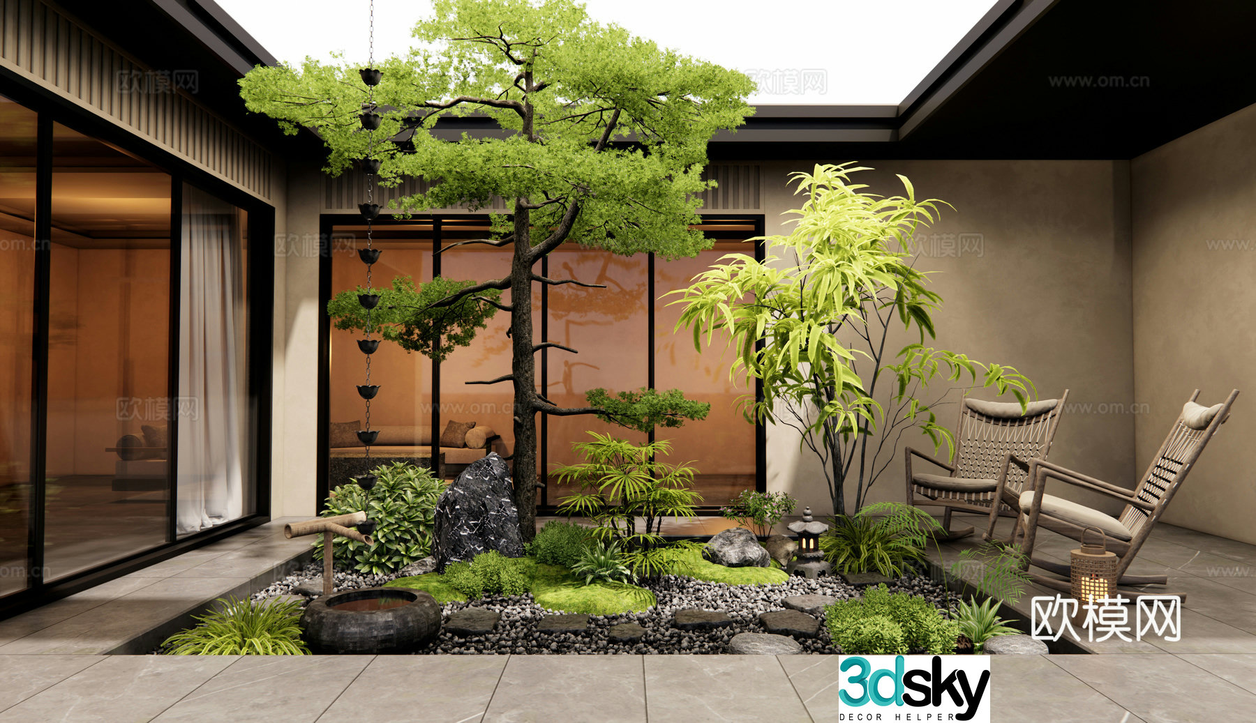 New Chinese style atrium patio courtyard landscape 3D model