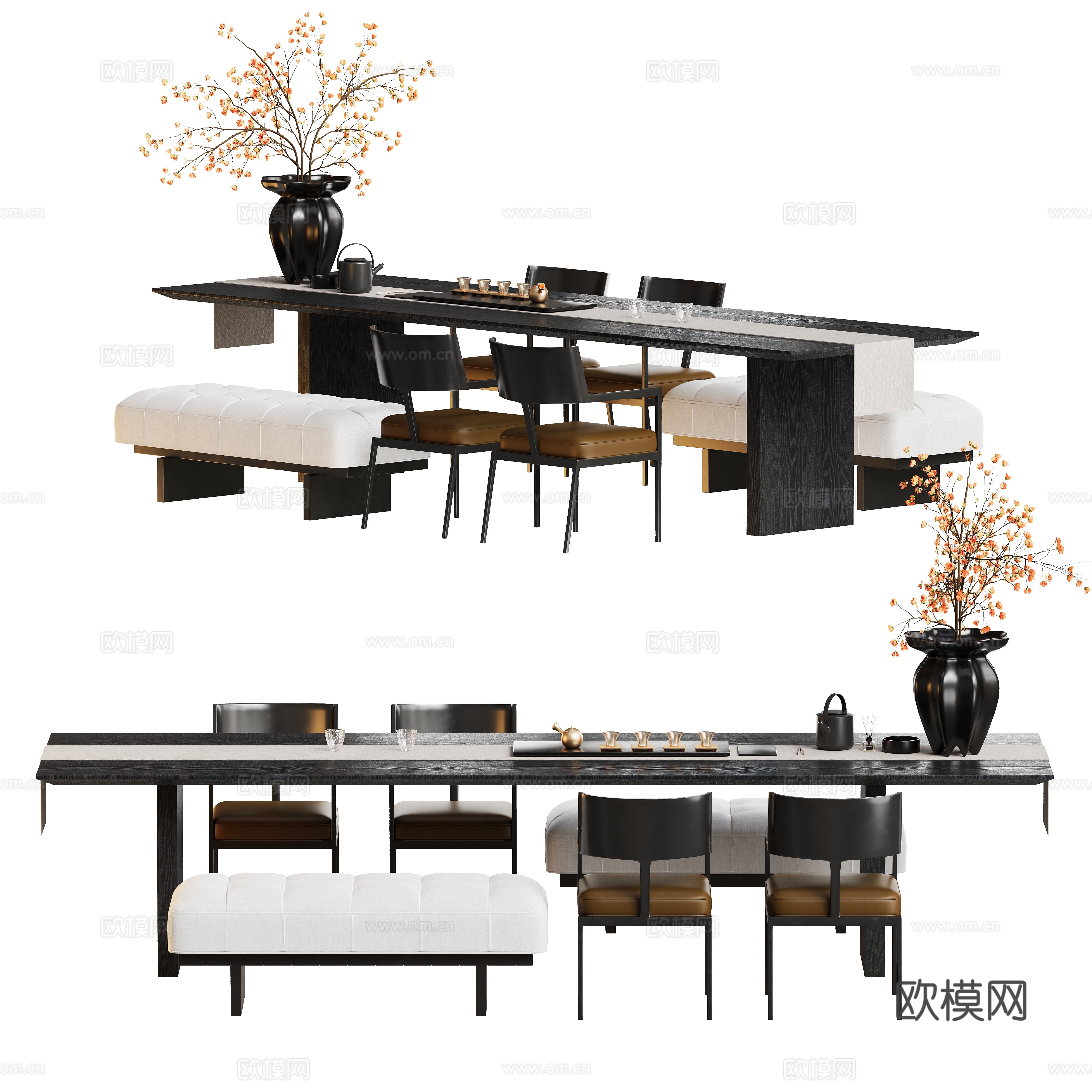 New Chinese-style tea table and chairs large table 3D model