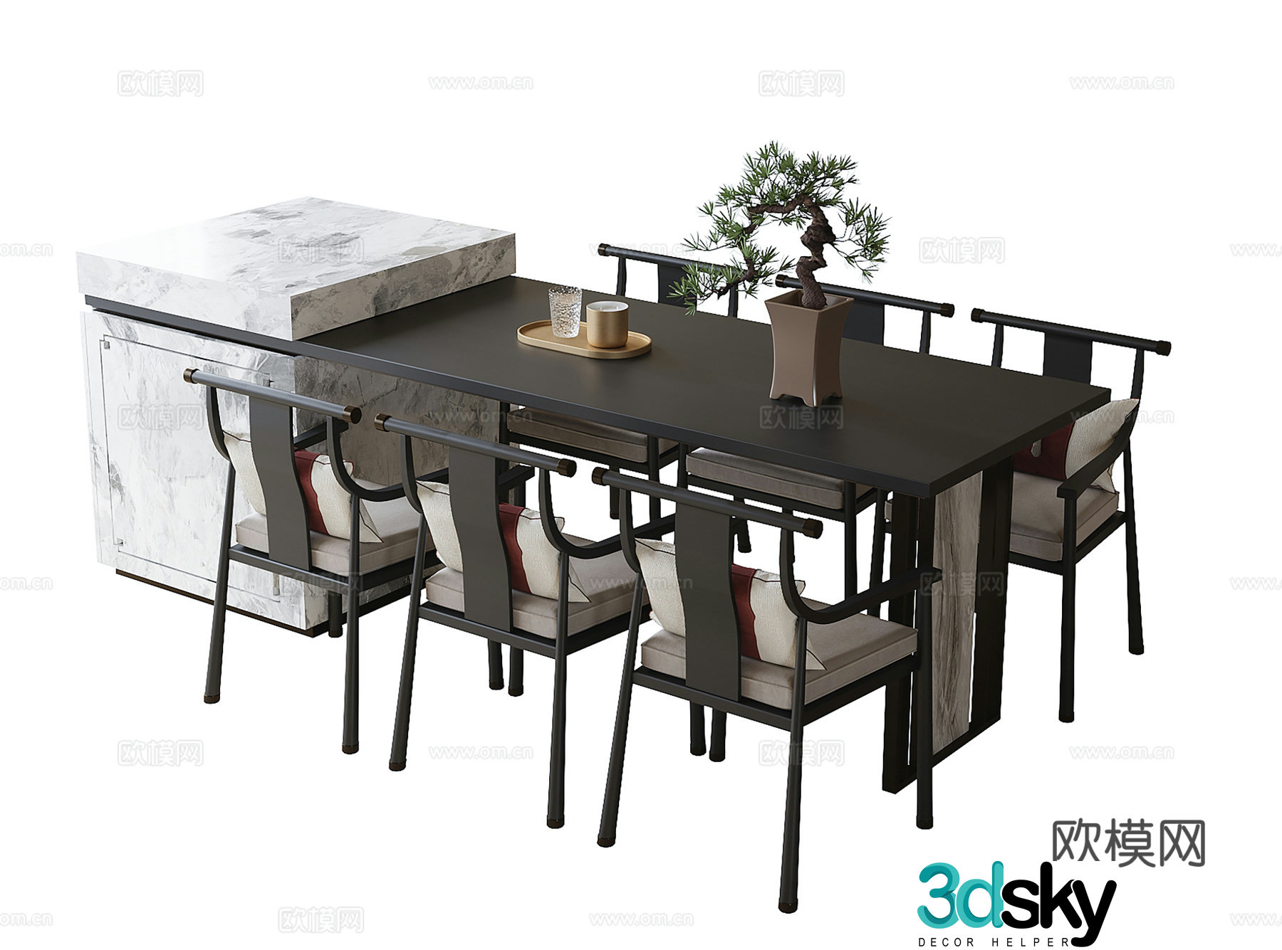 Chinese island dining table and chair dining chair 3d model