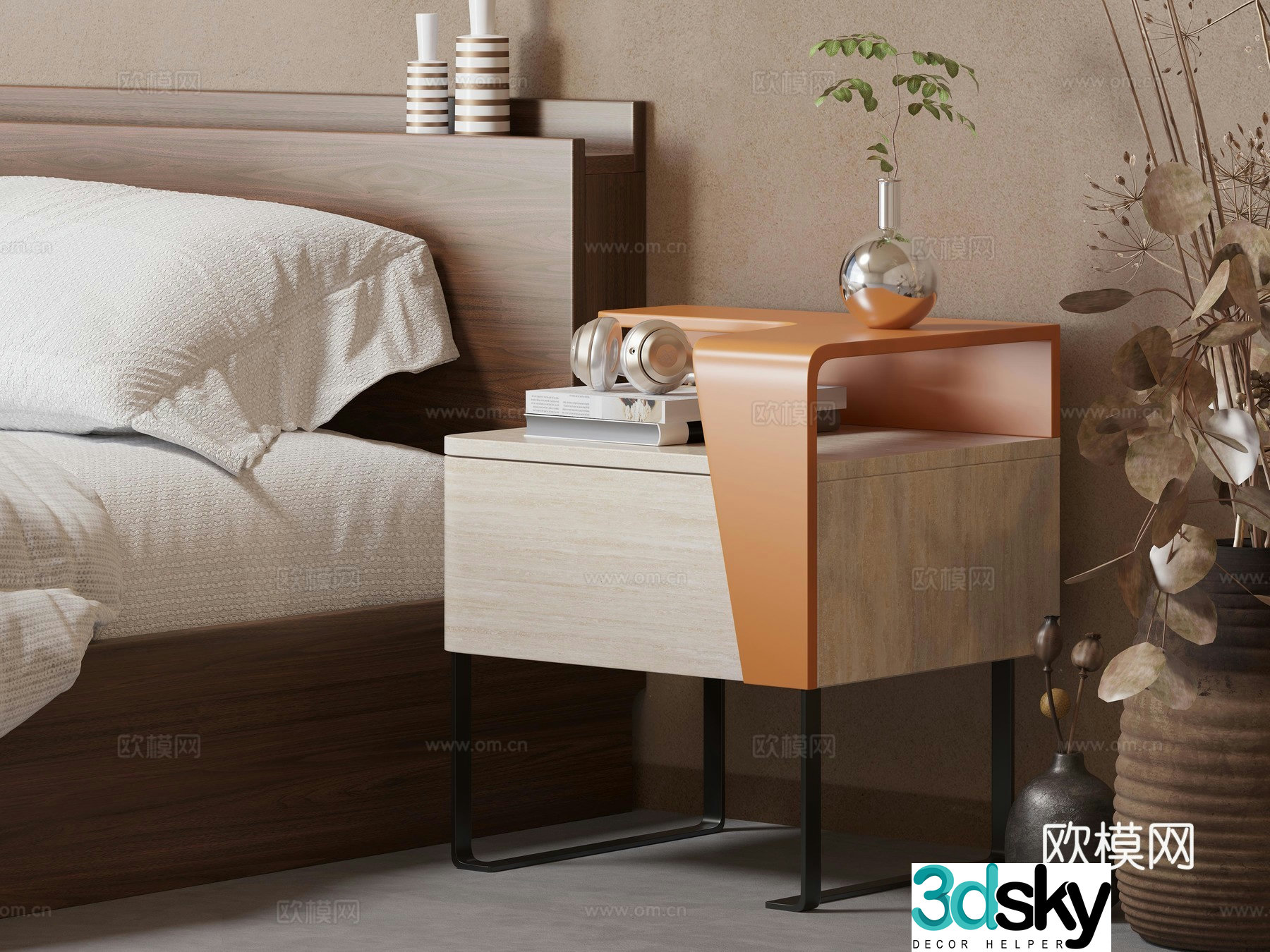 Modern wooden bedside table 3D model