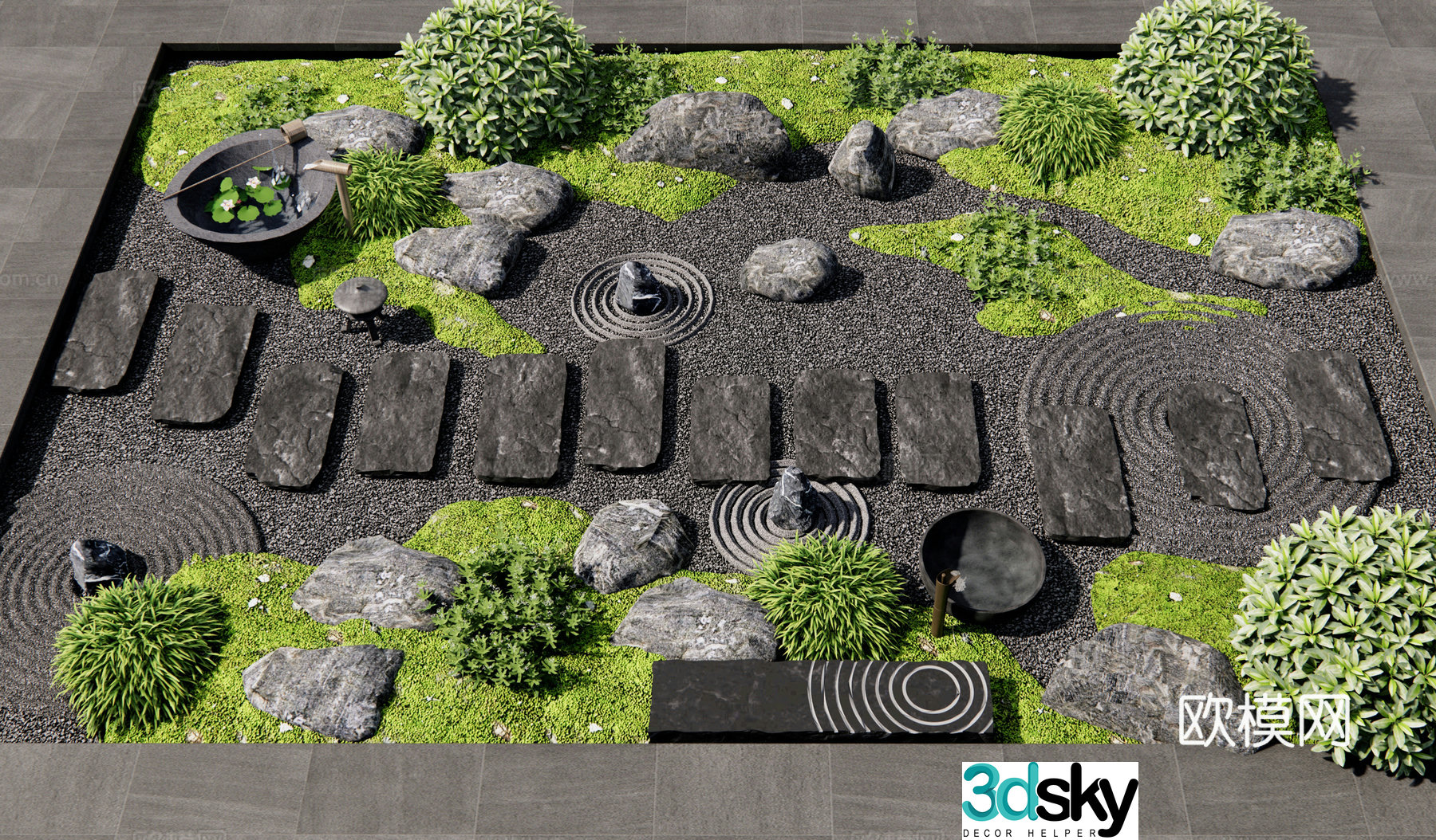 New Chinese micro-terrain tingstep moss landscape dry landscape 3D model