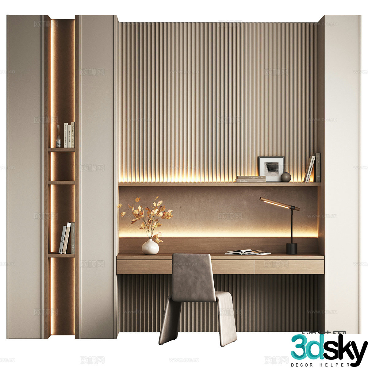 New Chinese style integrated desk and chair wall-wide bookcase 3D model