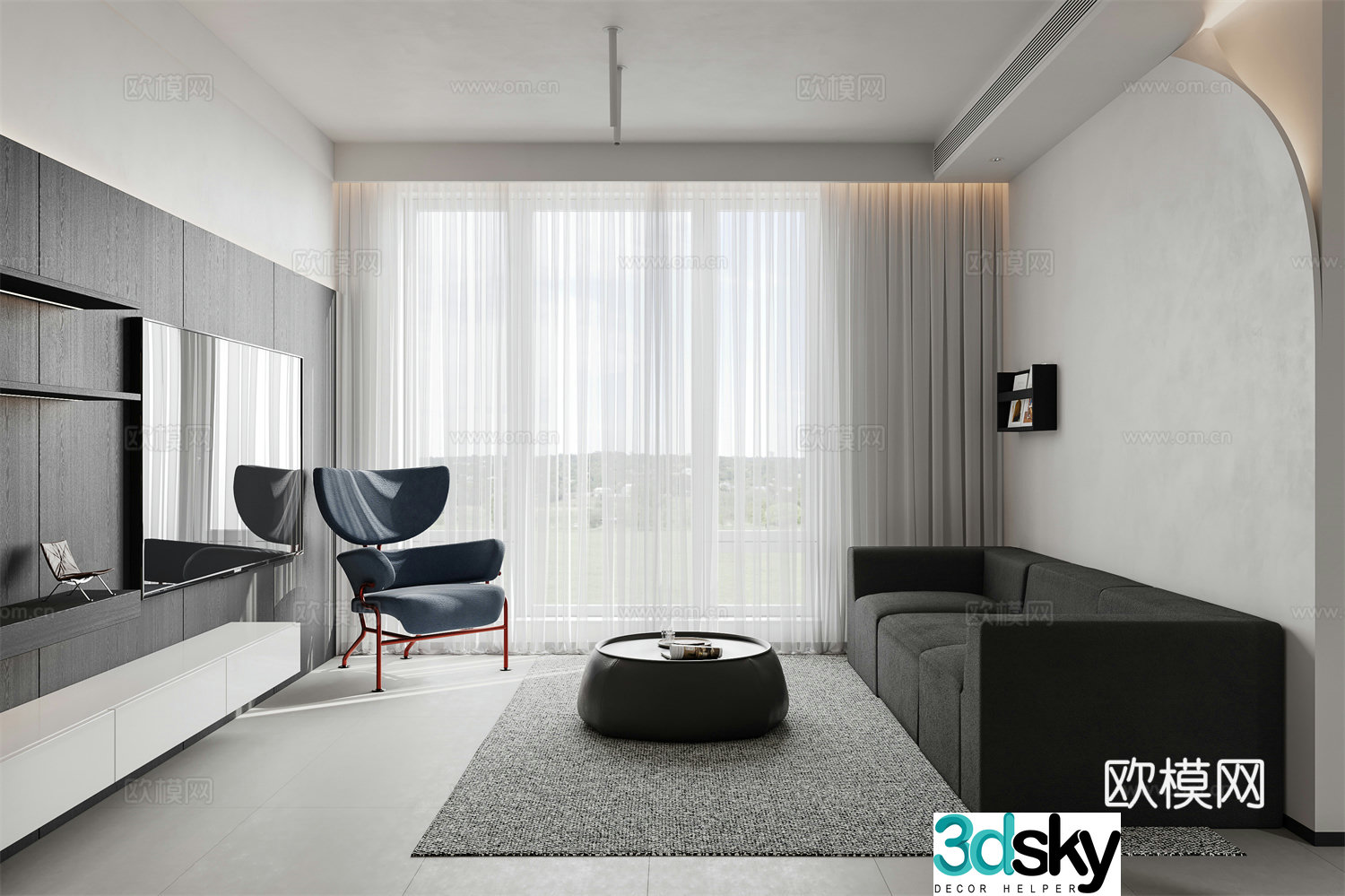 Modern minimalist living and dining room 3D model