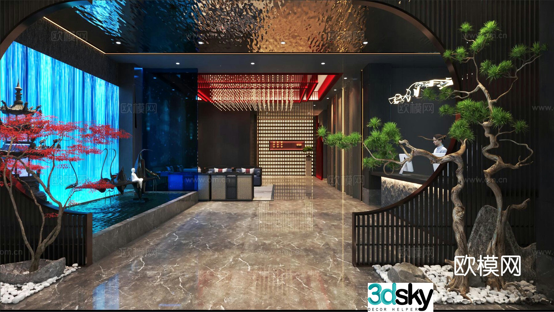 3D model of new Chinese style bathing club hall
