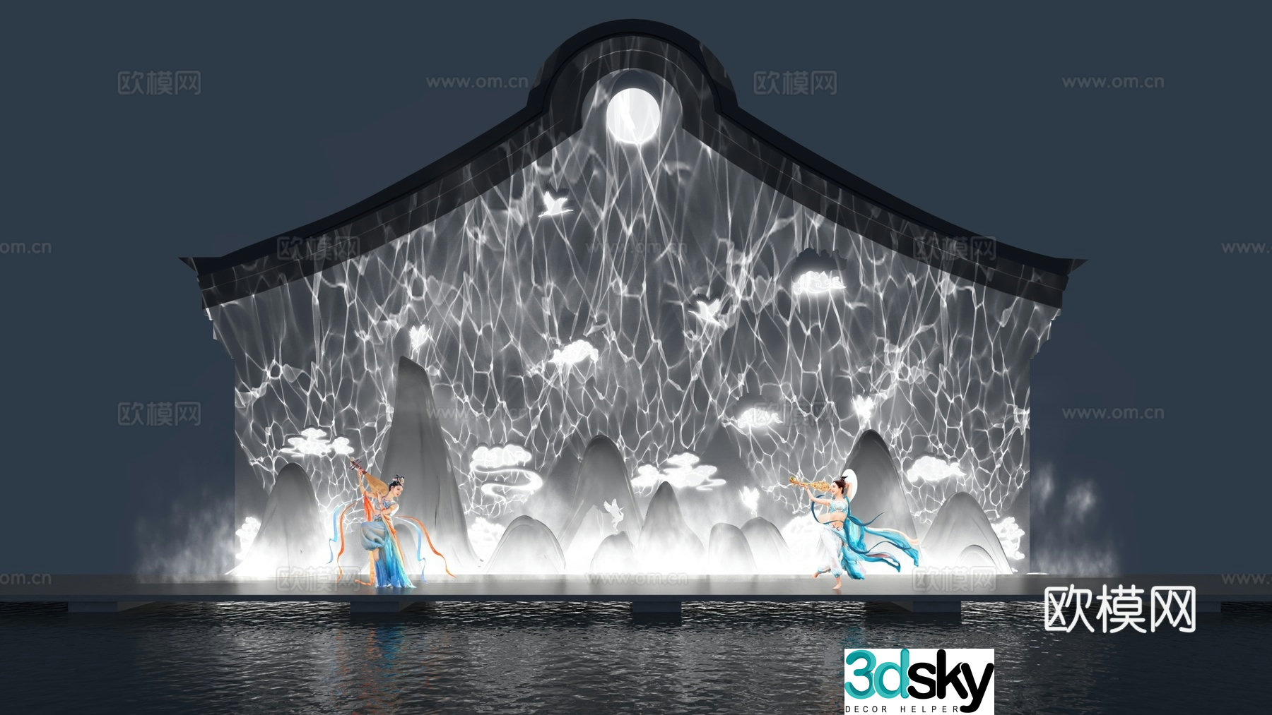 Chinese -style scenery wall Chinese ink painting wall water pattern lamp device 3D model