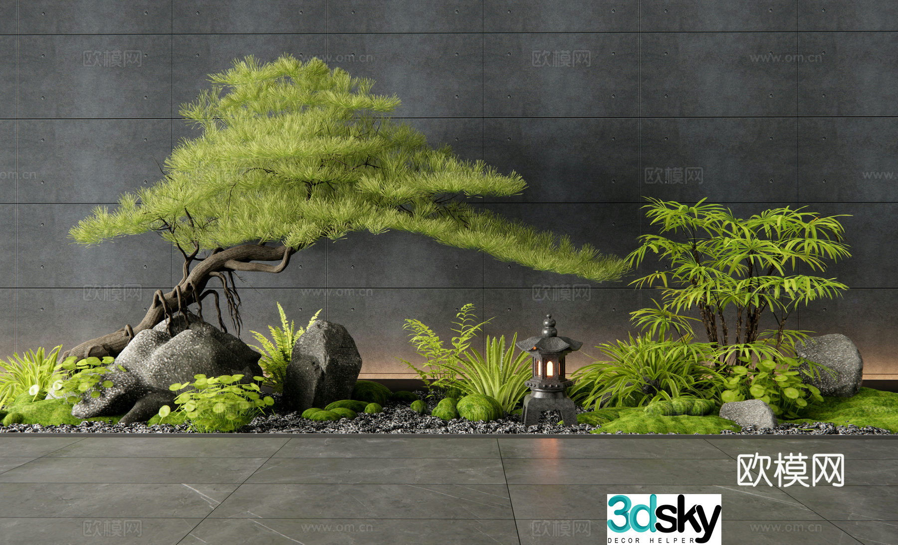 New Chinese style courtyard sketch Indoor landscape Plant pile Moss 3D model