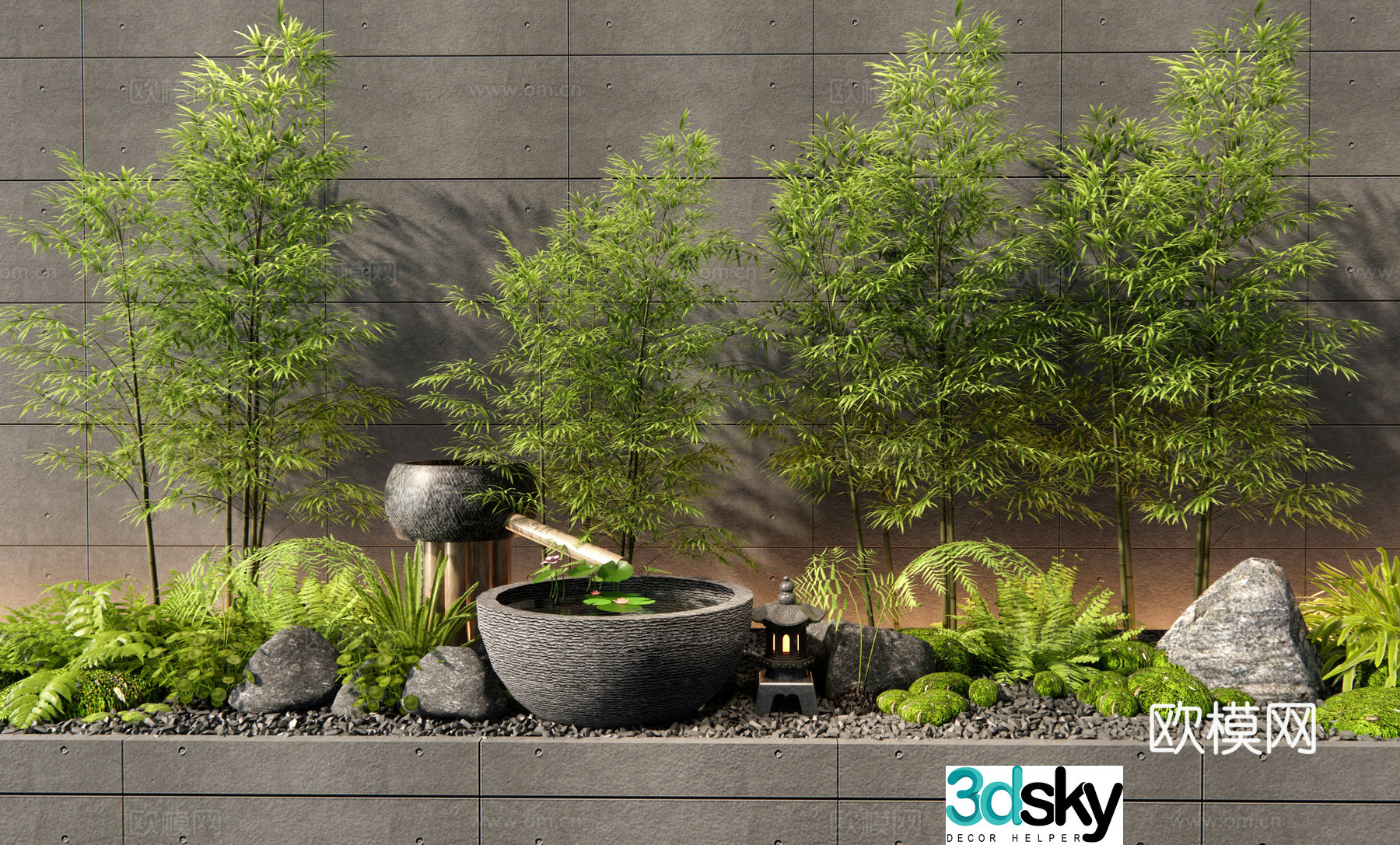 New Chinese style bamboo garden landscape plant pile moss 3d model