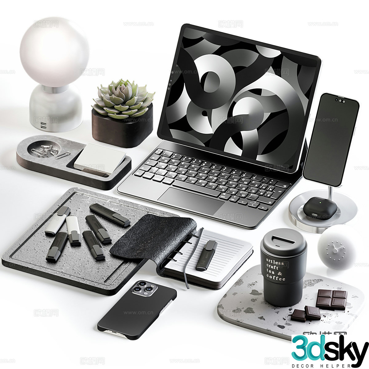 Modern tablet computer keyboard coffee cup 3D model