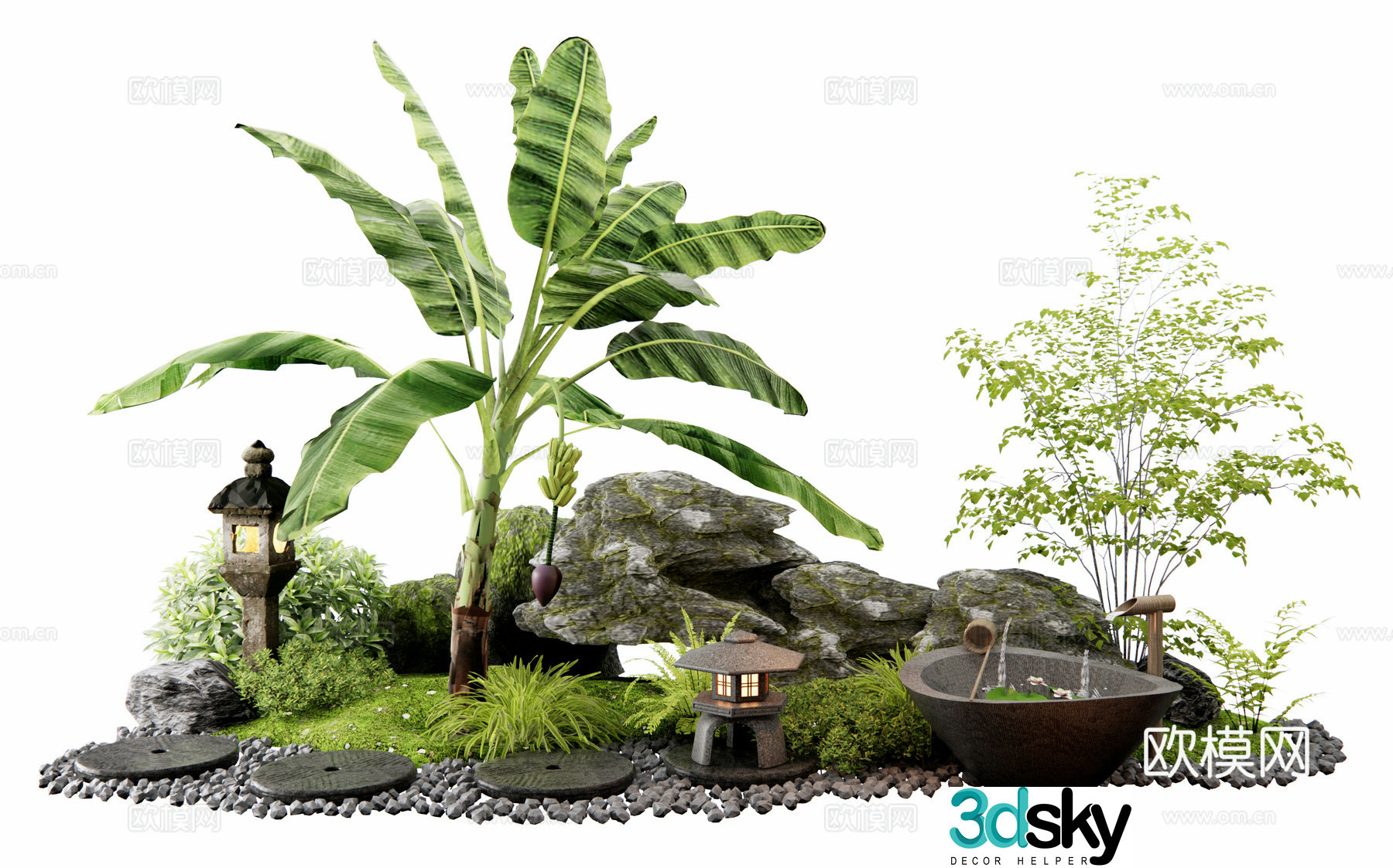 Japanese landscape stone Tingbu courtyard sketch water bowl gabion lantern 3D model