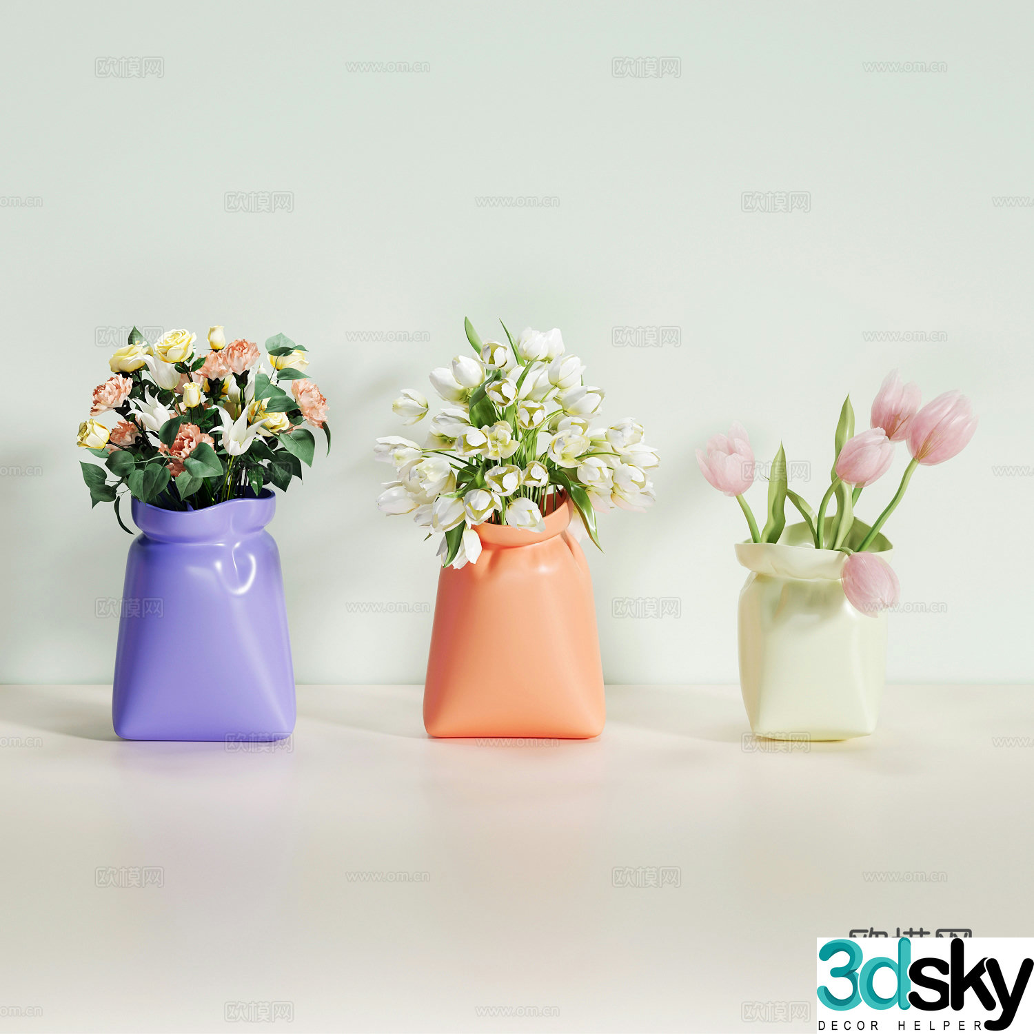 Creative vase floral art flowers tulip carnation yellow rose lily 3d model