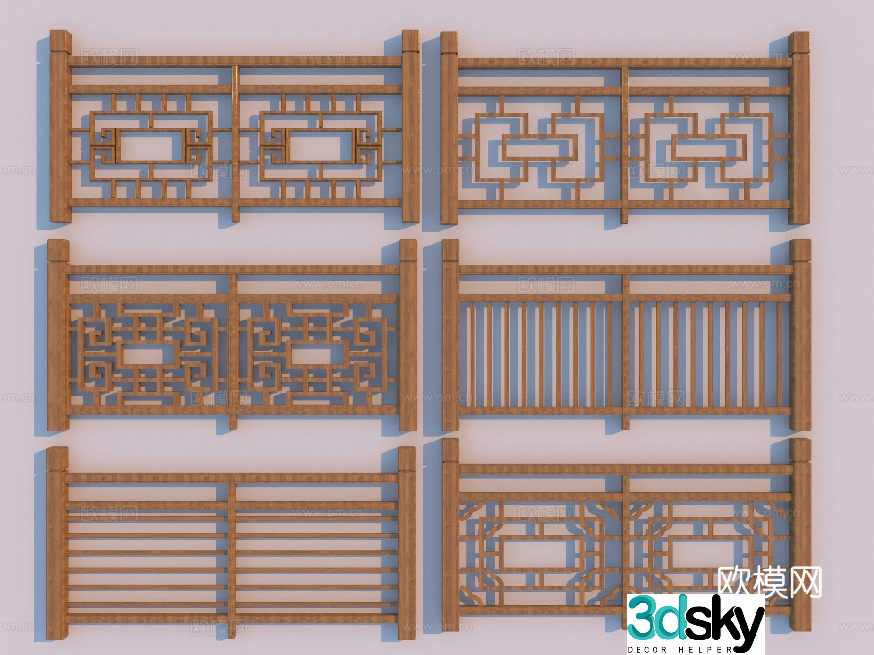 New Chinese style guardrail railing wooden railing 3d model