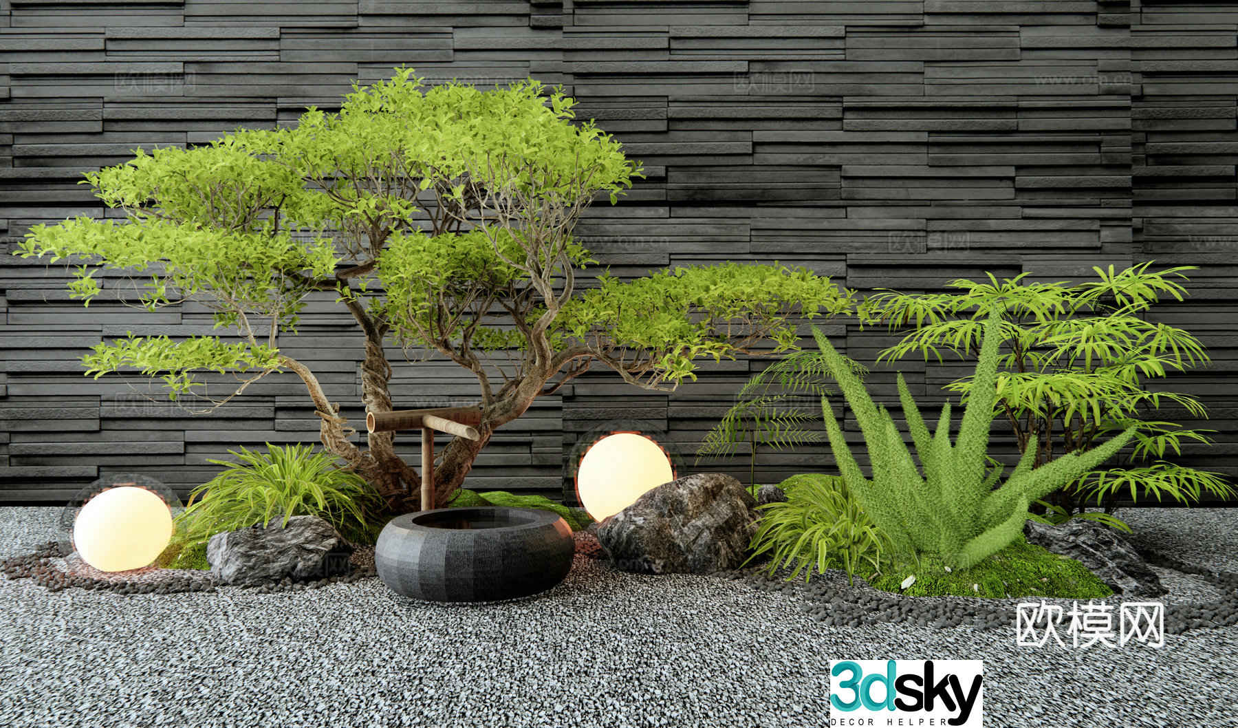New Chinese-style plant pile garden sketch stone flowers and plants water bowl 3D model