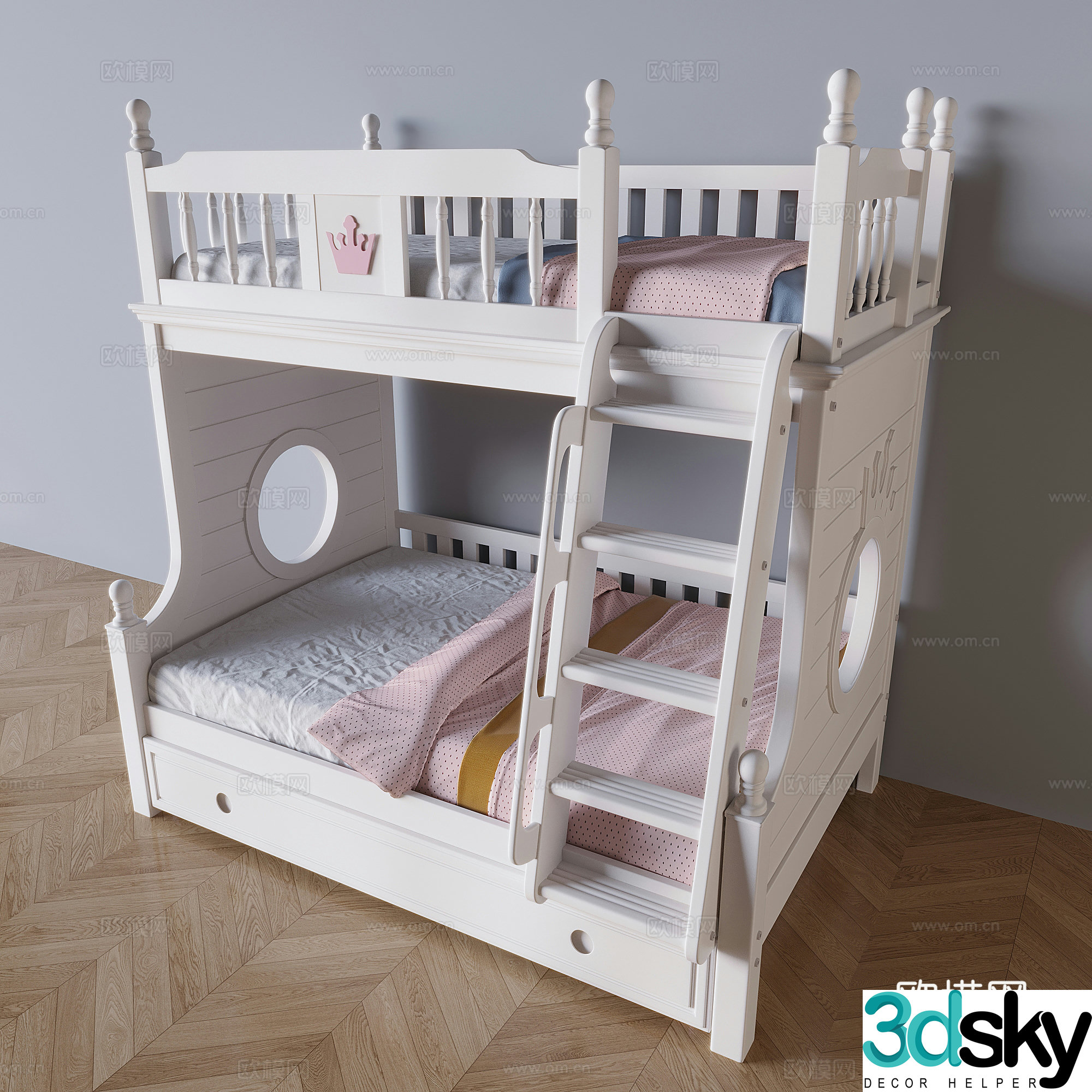 Cream style bunk bed children’s high and low bunk bed 3d model