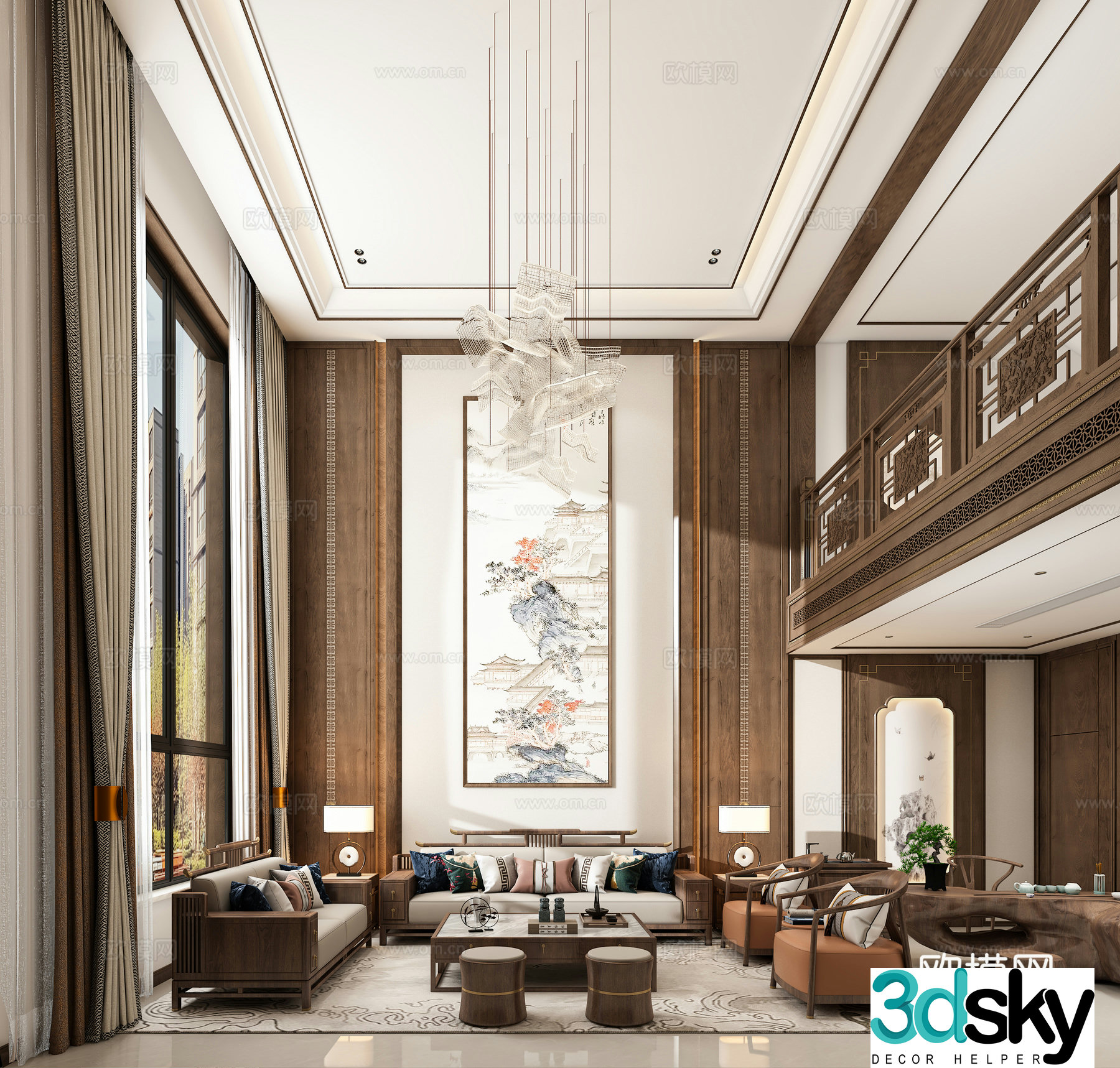 New Chinese style villa lobby villa living room 3D model