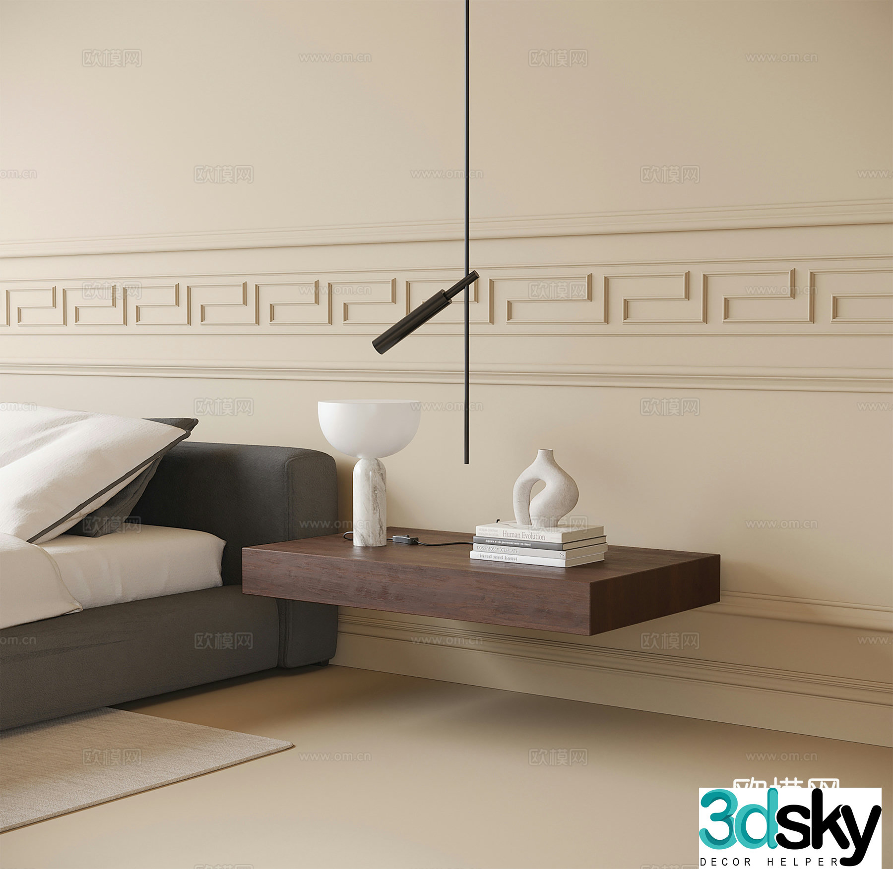 Modern bedside chandelier floating bedside table 3D model