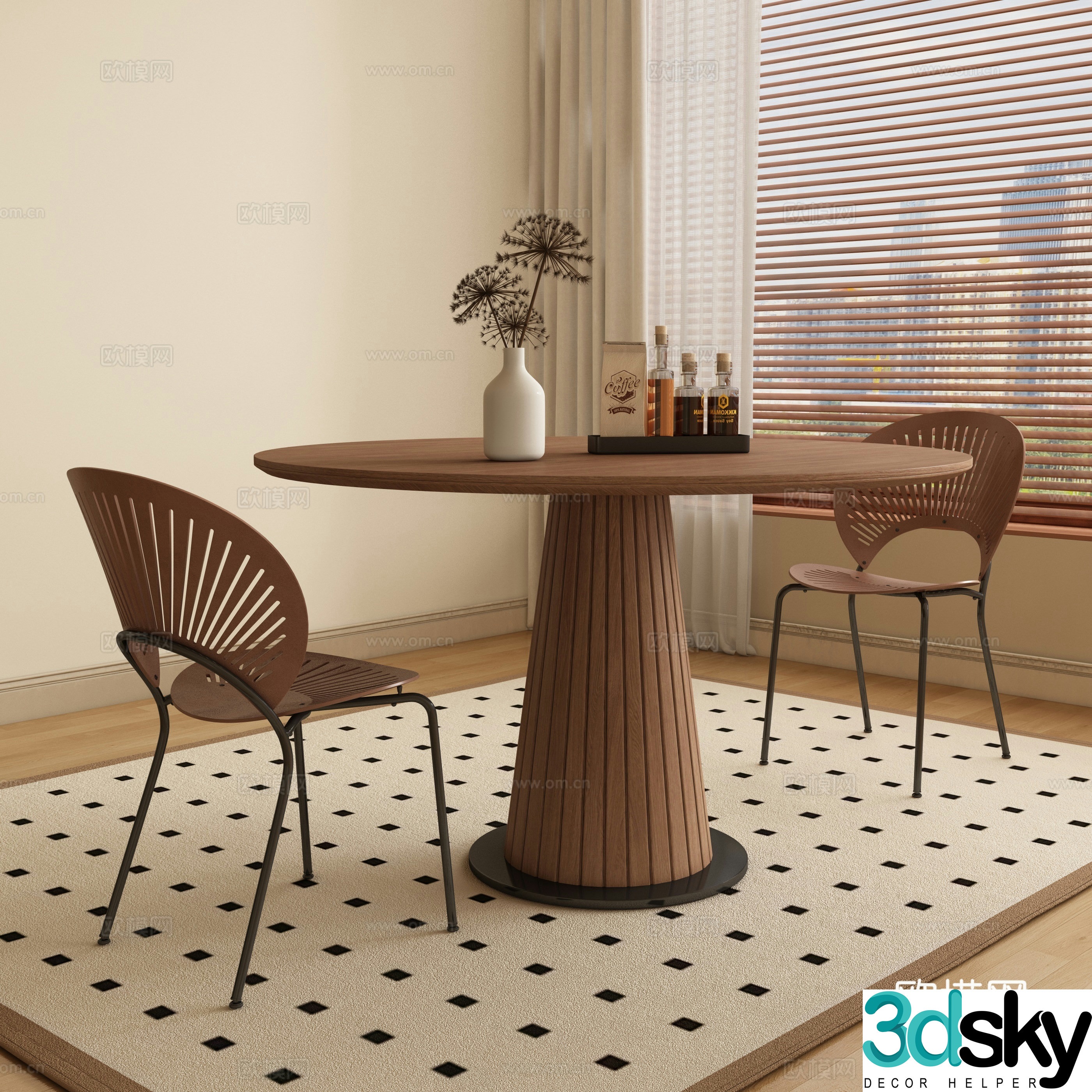 Medium style round dining table and chair 3D model
