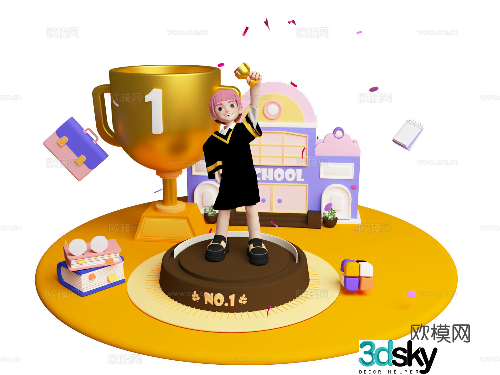 Student learning scene cartoon character beautiful 3d model