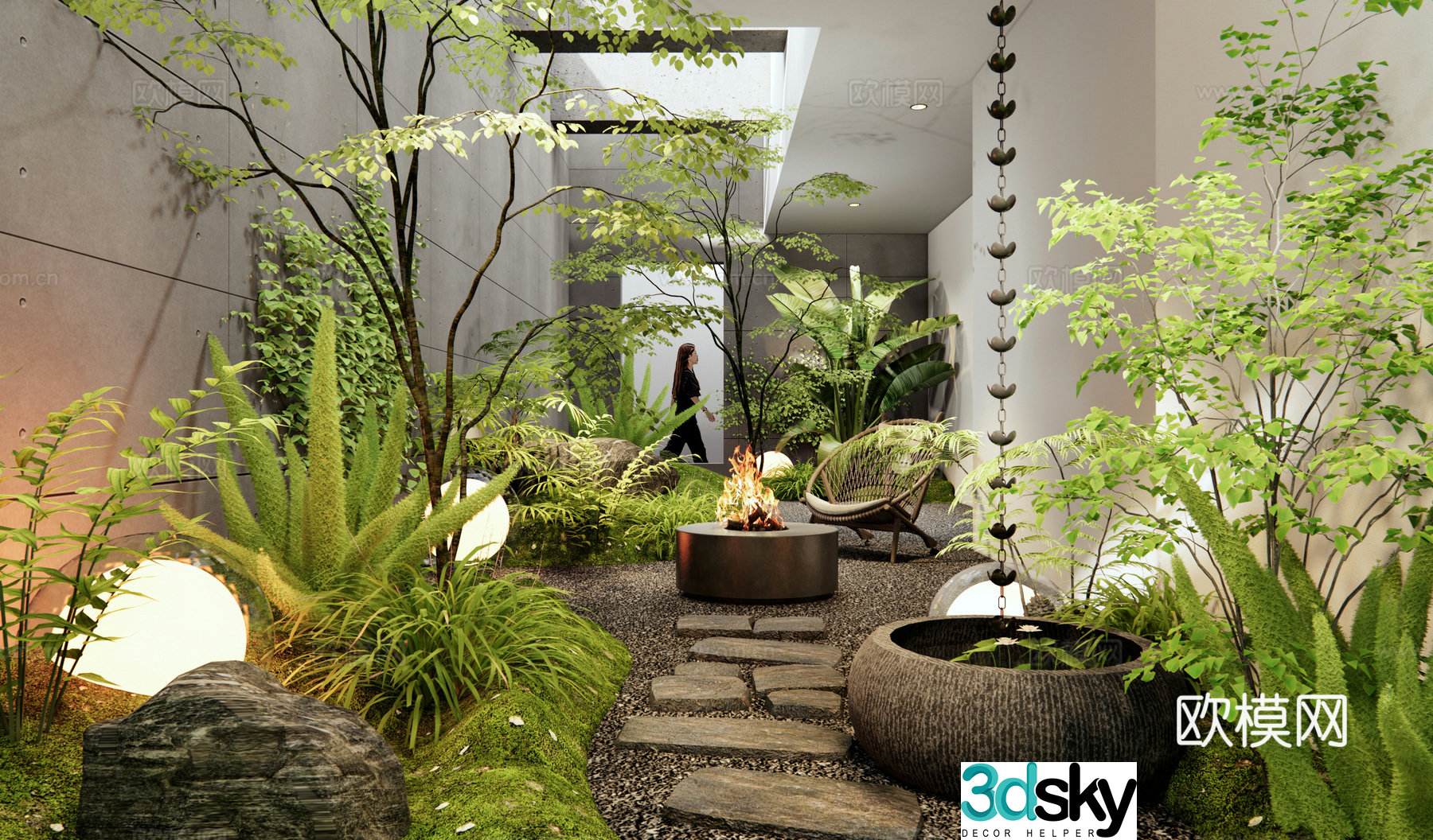Modern Patio Courtyard Basement Garden 3d model
