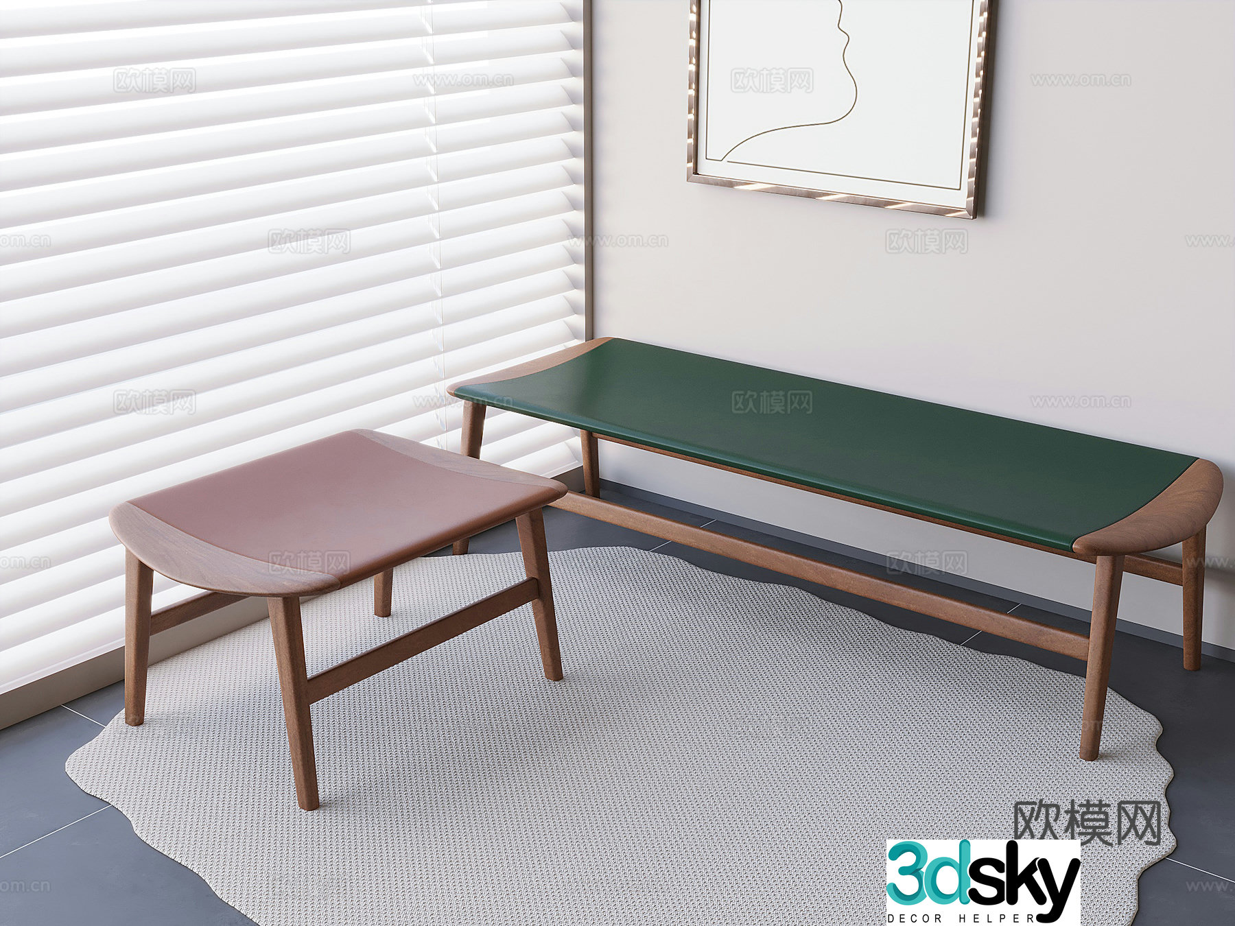 Medieval style solid wood stool bench 3d model