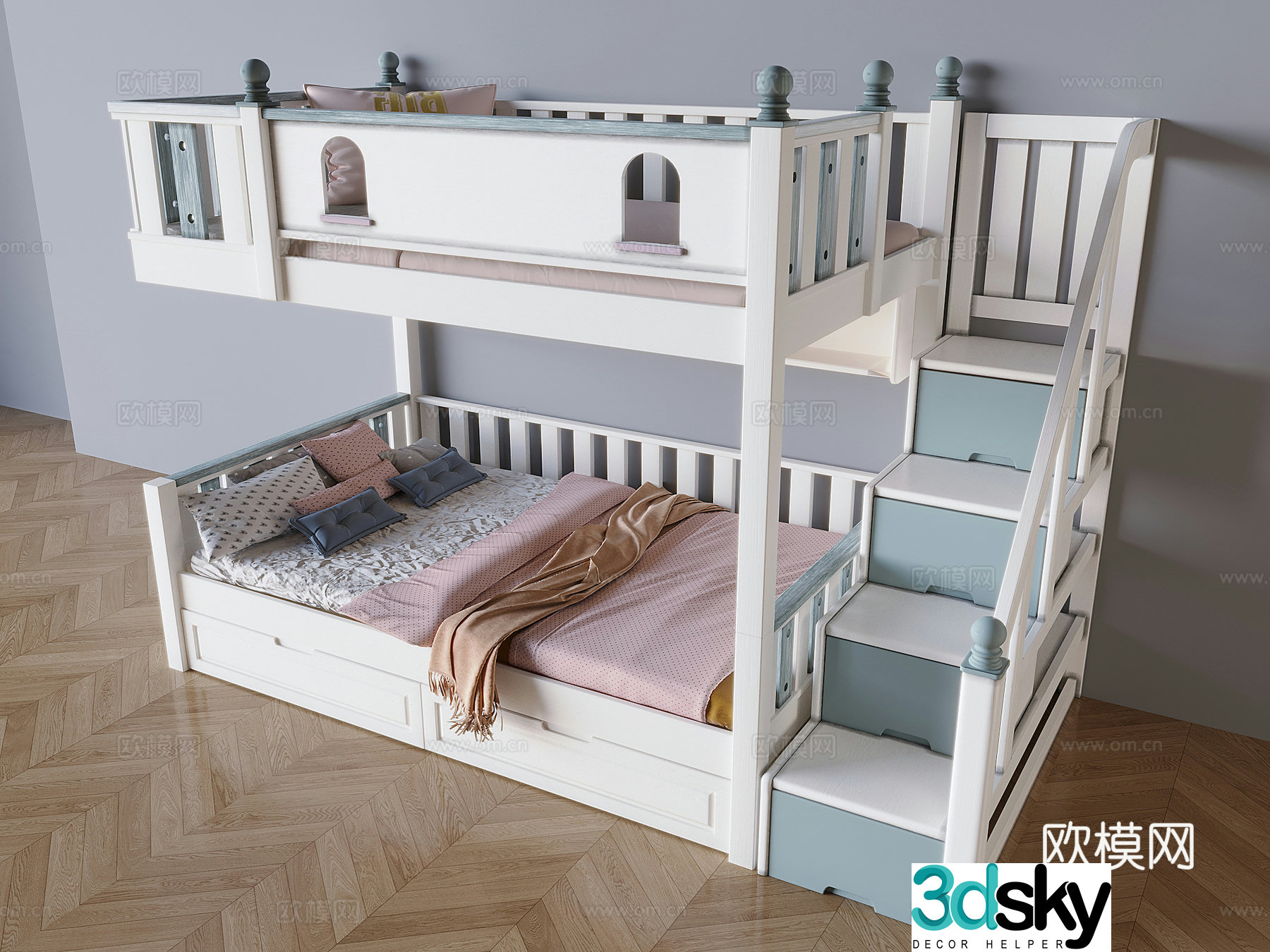 Creamy wind on the bed children’s height double -layer bed 3D model