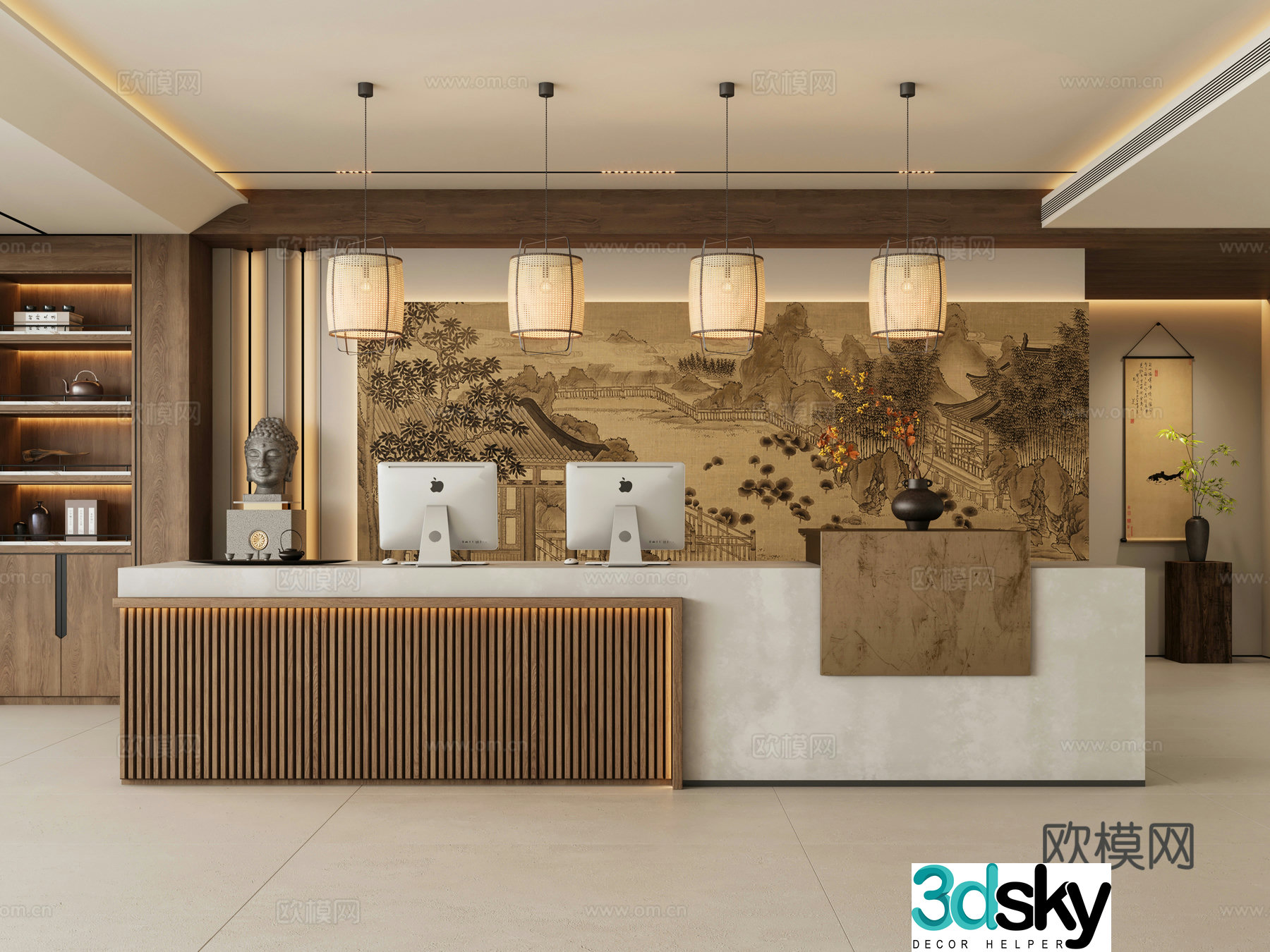 Zen new Chinese style hotel front desk 3D model