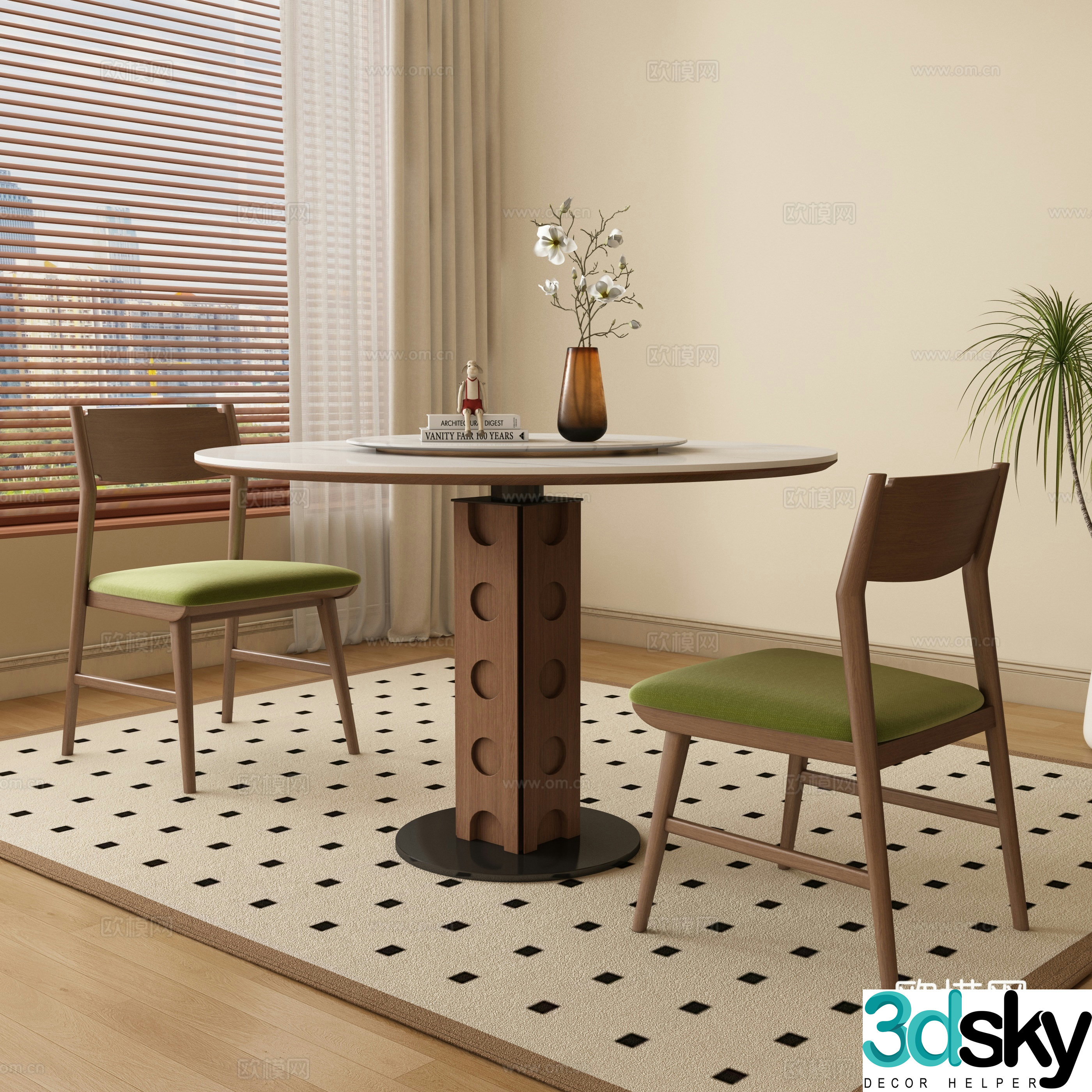 Medium style round dining table and chair 3D model