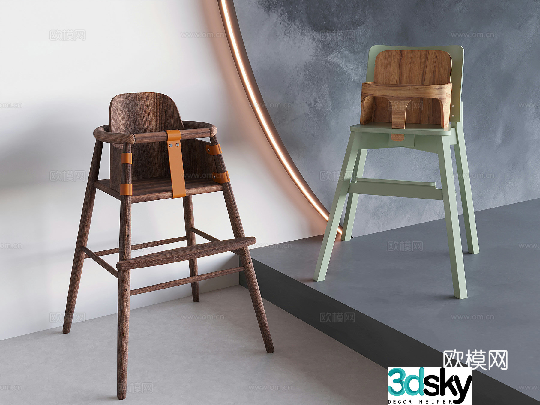 Modern solid wood children’s chair baby chair 3d model