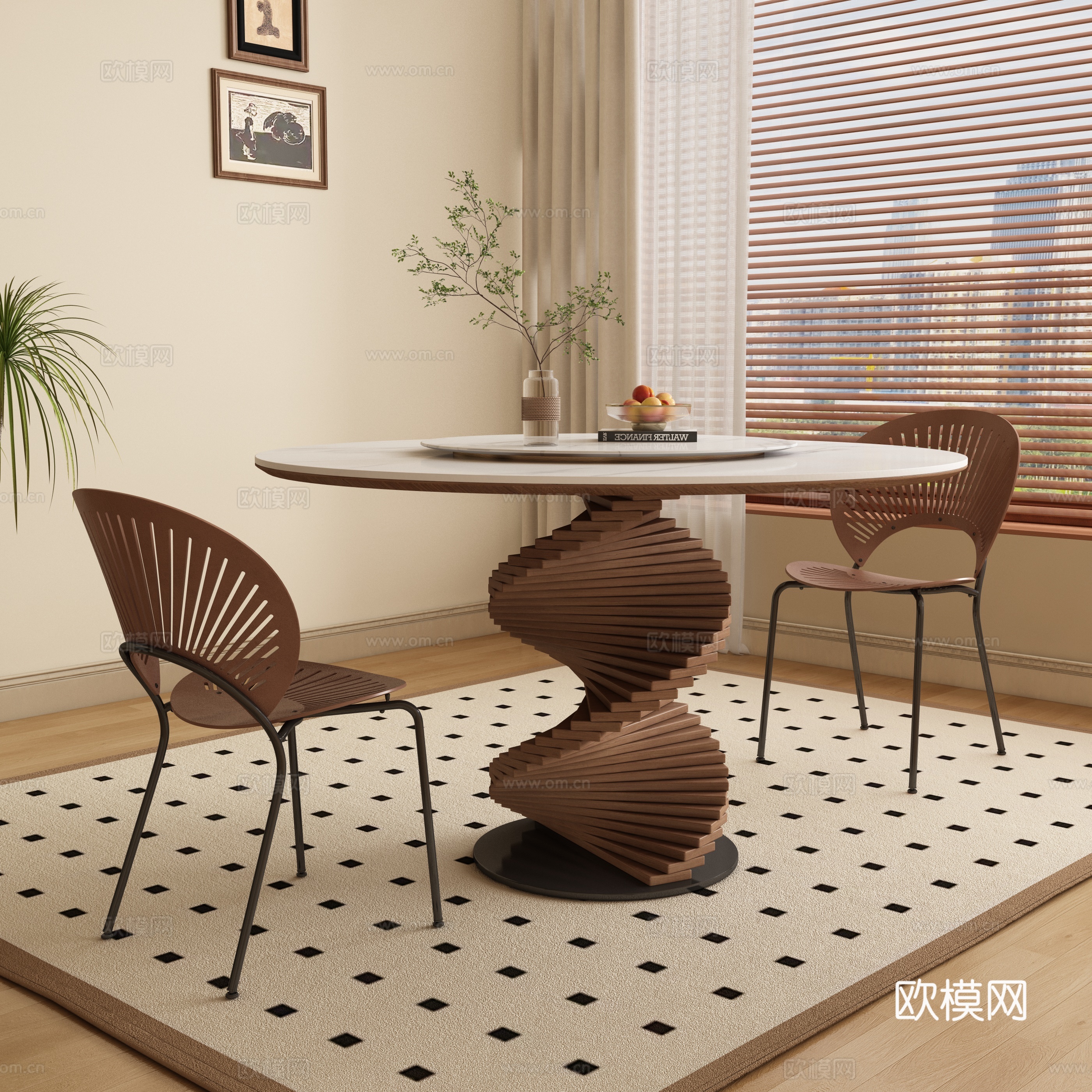 Medium style round dining table and chair 3D model